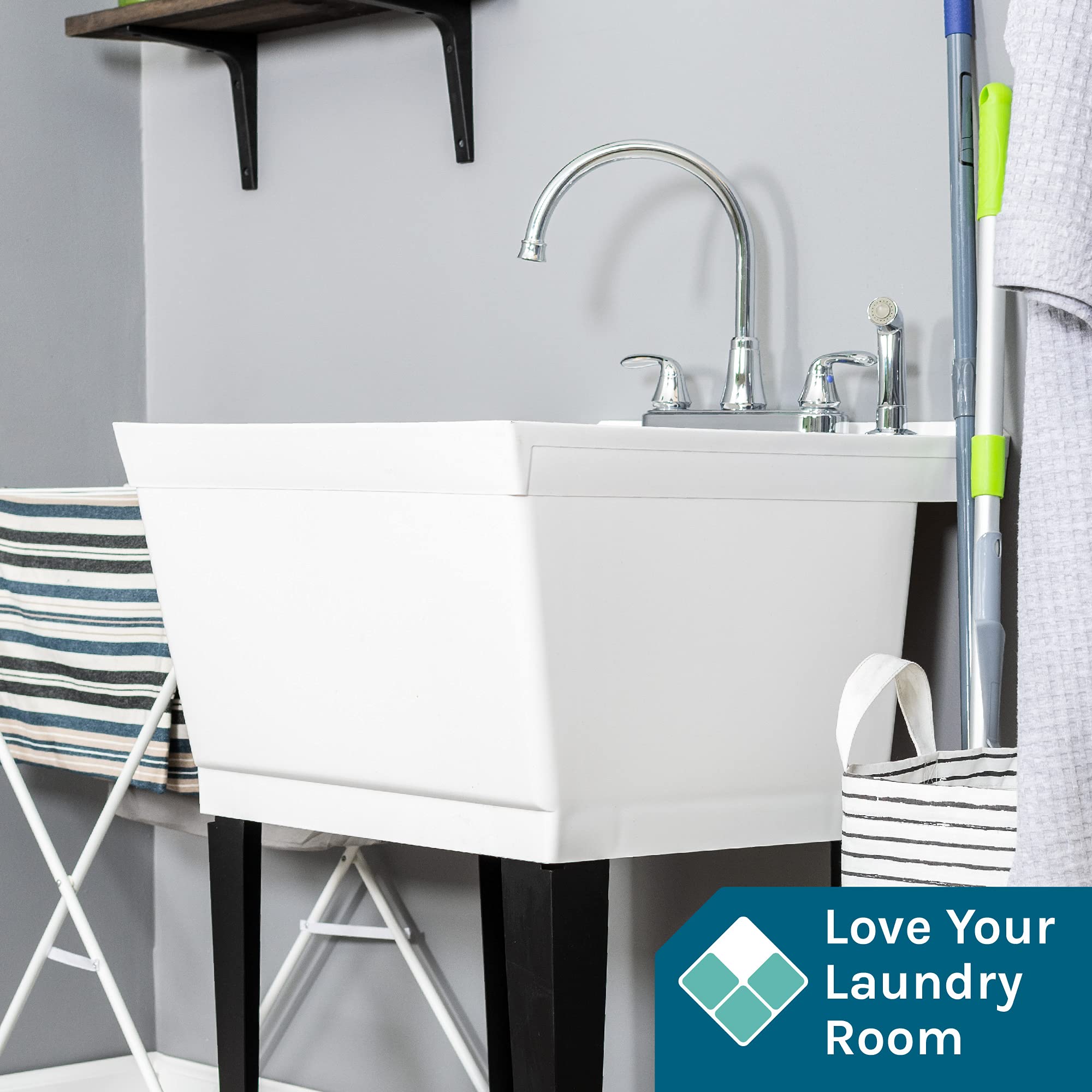 Heavy Duty Utility Sink with Gooseneck Faucet - Large Free Standing Laundry Tub for Basement, Garage & Laundry Room - Durable Slop Sink by JS Jackson Supplies - Perfect for Washing Clothes, Cleaning Tools & DIY Projects (Chrome Faucet)