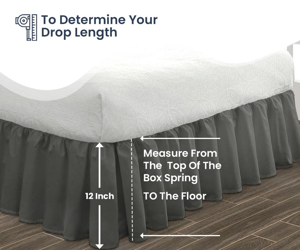 12 Inch Ruffled Bed Skirt - Microfiber Dust Ruffle with Extra Storage Space | Fade, Wrinkle & Static Resistant | Full Size Dark Grey Bed Skirt for Master Bedroom, Guest Room & Dorm Decor