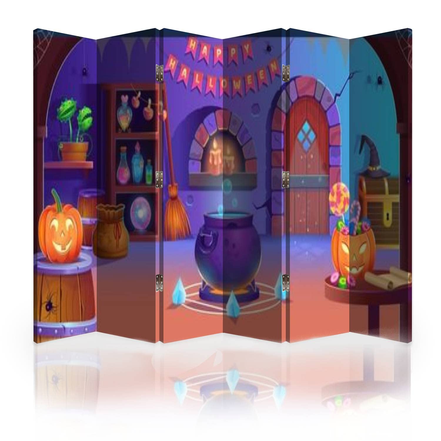 6-Panel Canvas Room Divider Screen - Halloween Themed Folding Privacy Partition with Cauldron Design | Perfect for Home Decor, Party Backdrop & Room Separation