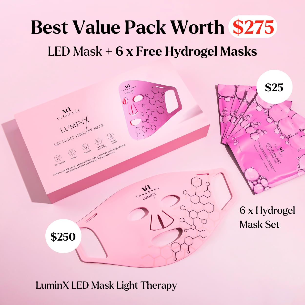 LuminX FDA Cleared LED Light Therapy Face Mask - 6 Pcs Hydrogel Sheet Mask Spa Kit with 4 Colors (Infrared & Red) - Anti-Aging Skin Care Treatment for Wrinkles & Acne - Perfect Christmas Gift Set for Women | Use at Home Spa, Facial Treatment, Self-Care Routine