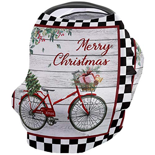 Merry Christmas Baby Car Seat Cover & Nursing Scarf - Stretchy, Soft, Breathable Multi-Use Infant Canopy (Red Bicycle with Xmas Tree Plaid) - Perfect for Holiday Travel, Breastfeeding, and Car Seat Protection
