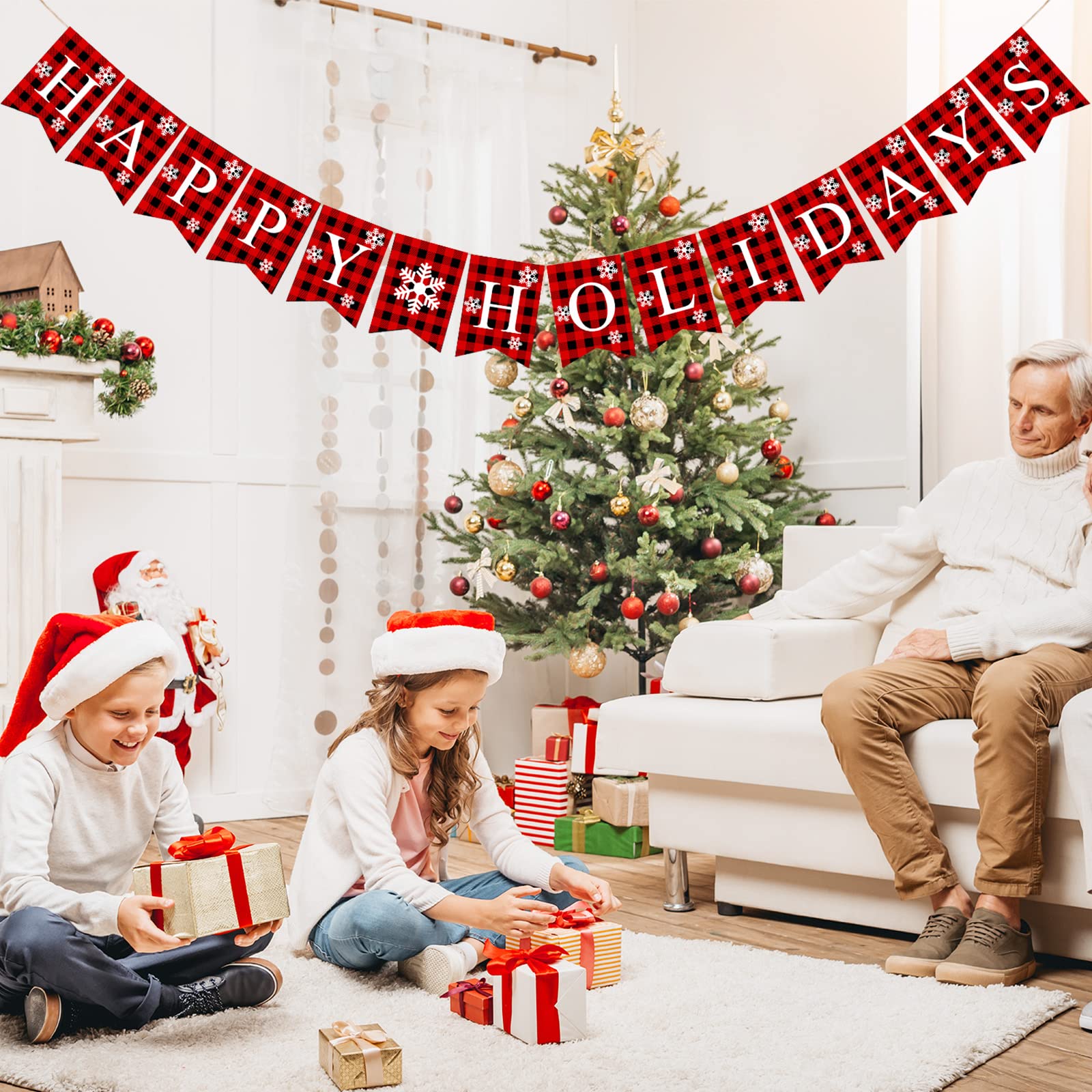 Plaid Happy Holidays Banner - Rustic Burlap Christmas Bunting for Wall & Fireplace Decor - Perfect for Holiday Parties, Home & Office Christmas Decorations