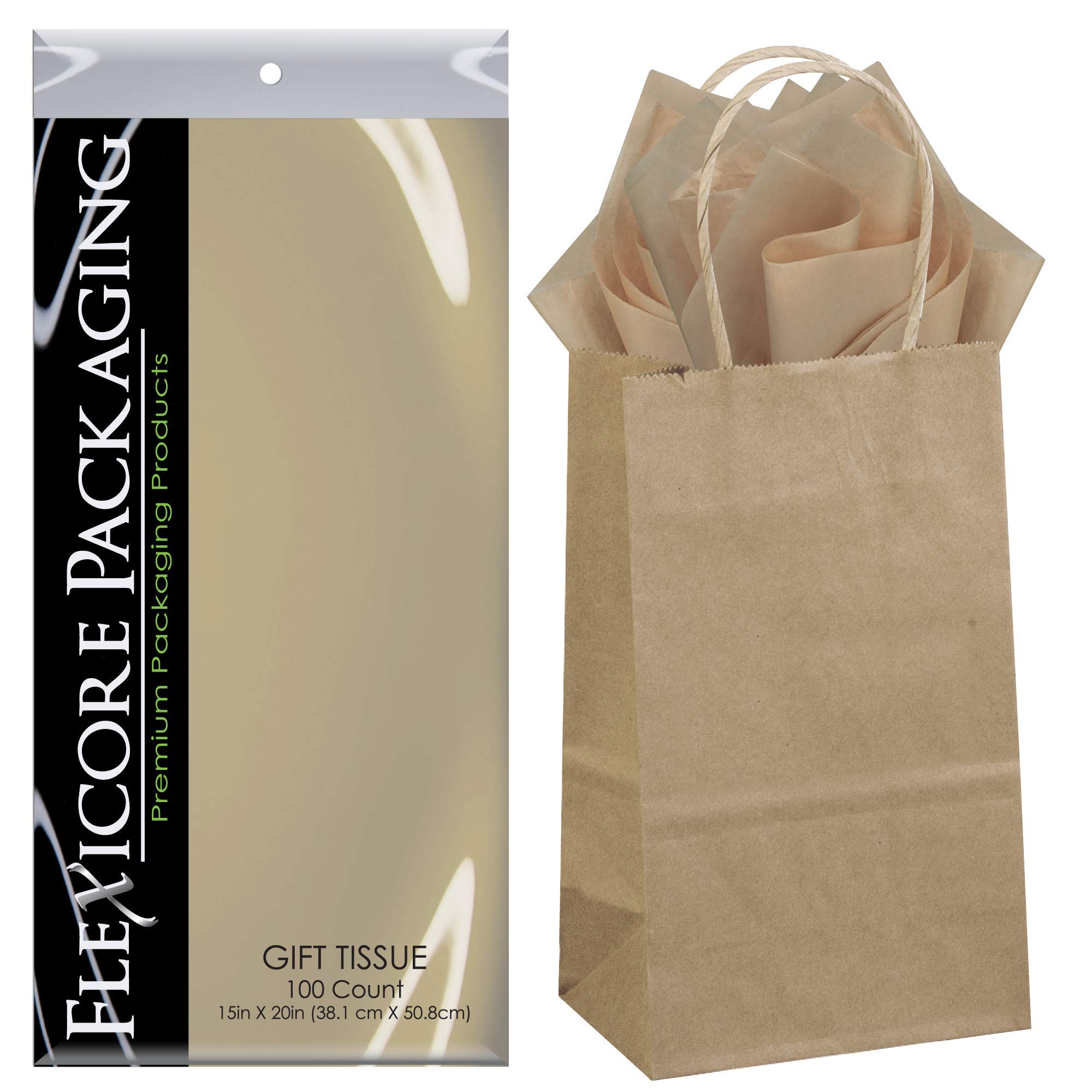 Flexicore Packaging® 50-Pack Natural Brown Kraft Paper Gift Bags with 100-Piece Parchment Tan Tissue Paper Set - Eco-Friendly Gift Wrapping for Birthdays, Weddings & Party Favors