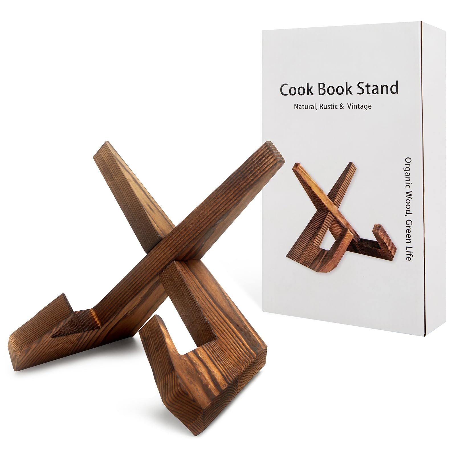 Rustic Wooden Cookbook Holder Stand - 2 Pack for Kitchen Counter, Recipe Book Organizer - Perfect for Cooking & Baking