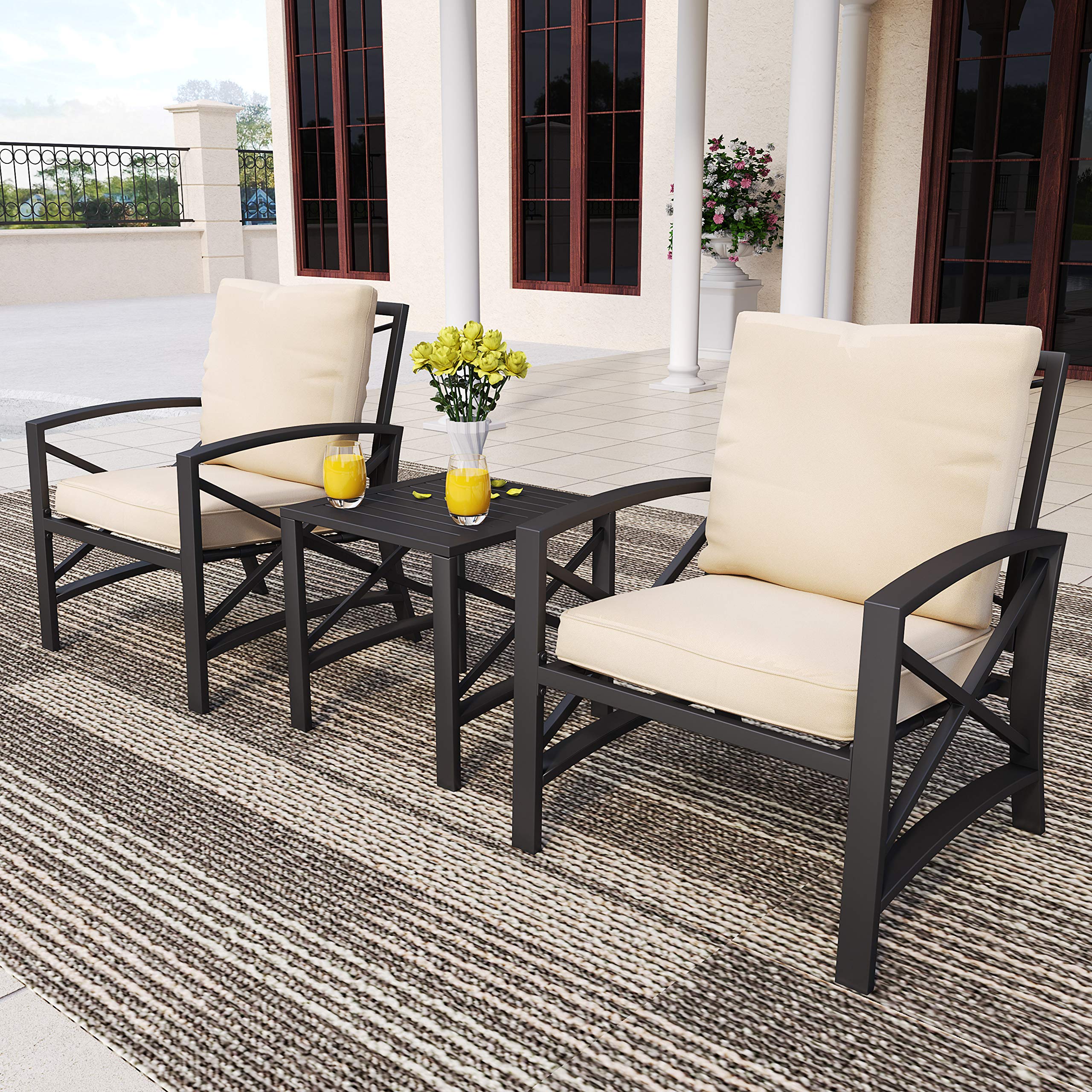 PatioFestival 3-Piece Outdoor Bistro Set - Modern Metal Patio Furniture with Coffee Table for Porch, Garden, Backyard or Indoor Use (Khaki) - Perfect for Relaxing, Entertaining & Outdoor Dining