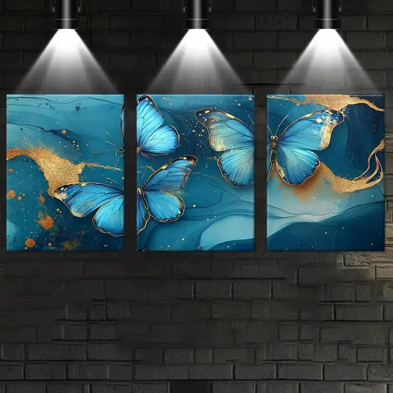 3-Piece Abstract Blue & Gold Butterfly Metal Wall Art - Ready to Hang Modern Home Decor for Living Room, Bedroom & Office
