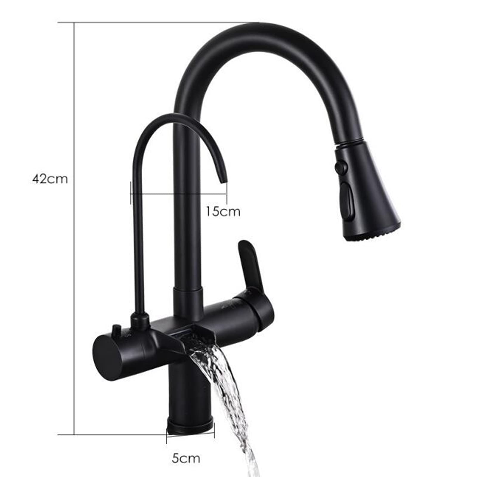 3-Way Kitchen Faucet with Straight Drinking Water Spout - Hot & Cold Brass Swivel Sink Faucet - Multifunctional Black Kitchen Faucet for Modern Homes, Restaurants & RVs
