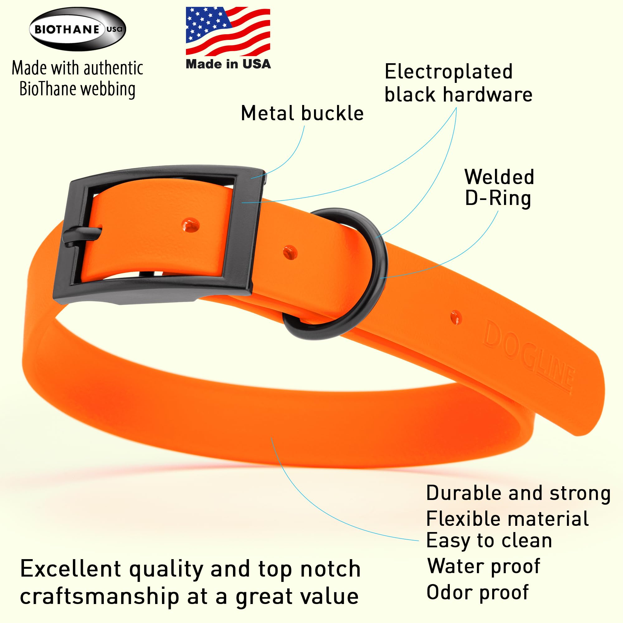 **Waterproof Biothane Dog Collar - Durable Coated Nylon Webbing with Black Hardware, Odor-Proof & Easy to Clean - Fits Small, Medium & Large Dogs (Hunter Orange) - Perfect for Outdoor Adventures, Hiking & Training**