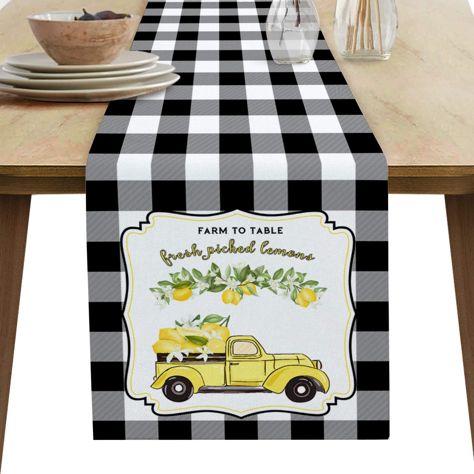 Muswanna Linen Burlap Table Runner - 13x70 Inch Yellow Lemon & Black Buffalo Check Plaid - Farmhouse Dining Table Decor for Family, Party, Farmhouse Style - Perfect for Summer, Rustic Weddings & Kitchen Decor