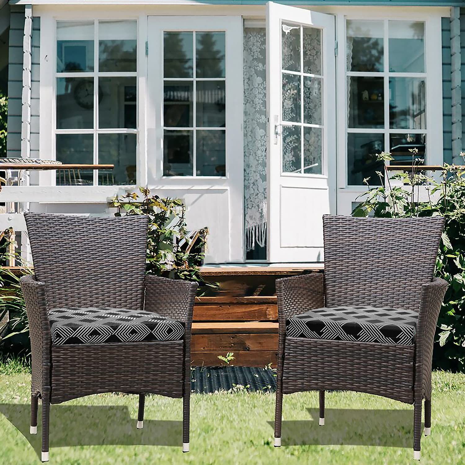 Premium Outdoor Chair Cushions Set of 4 - Water Resistant Patio Furniture Cushions with Secure Ties (17x16x2 Inch) - Black Geometric Pattern - Perfect for Garden, Deck, Poolside & Patio Relaxation