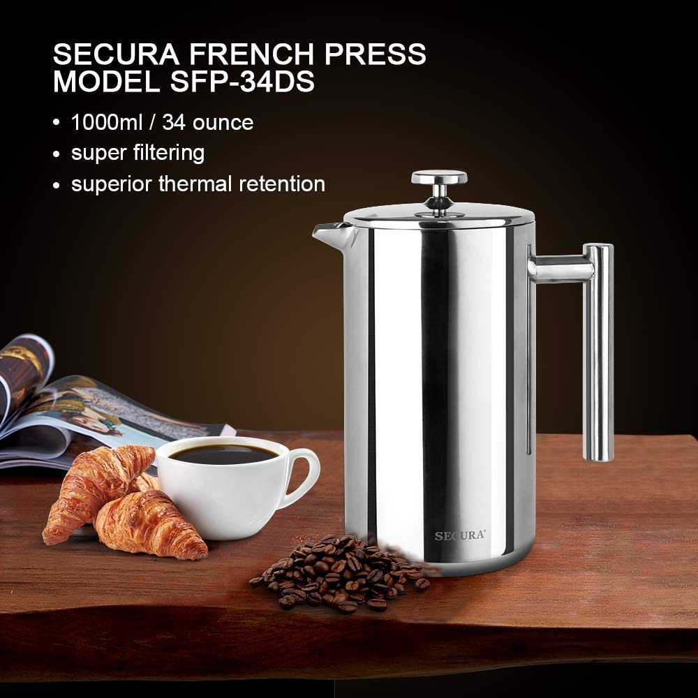 Secura 34oz (1 Liter) Stainless Steel French Press Coffee Maker - 304 Grade Insulated Coffee Press with 2 Extra Filters, Silver - Perfect for Home, Office & Camping Brewing