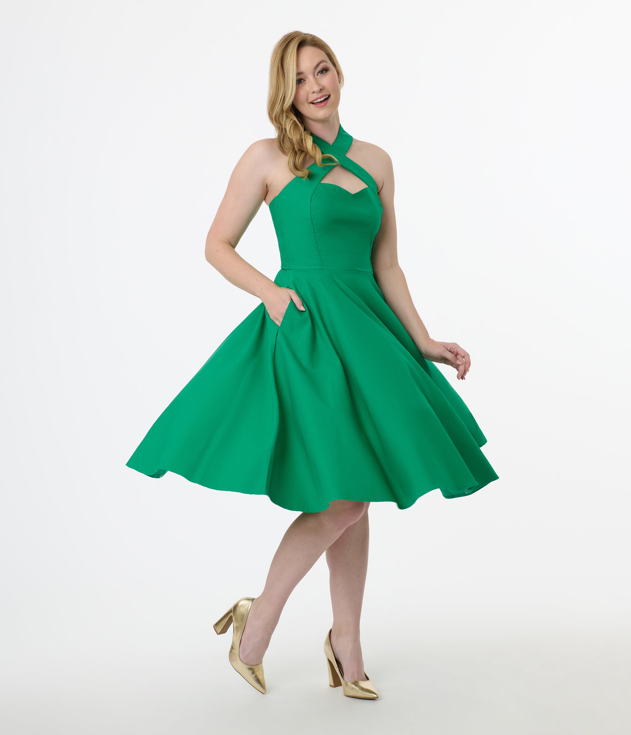 Vintage 1950s Green Criss Cross Halter Rita Flare Dress - Retro Swing Dress for Parties, Weddings & Special Occasions