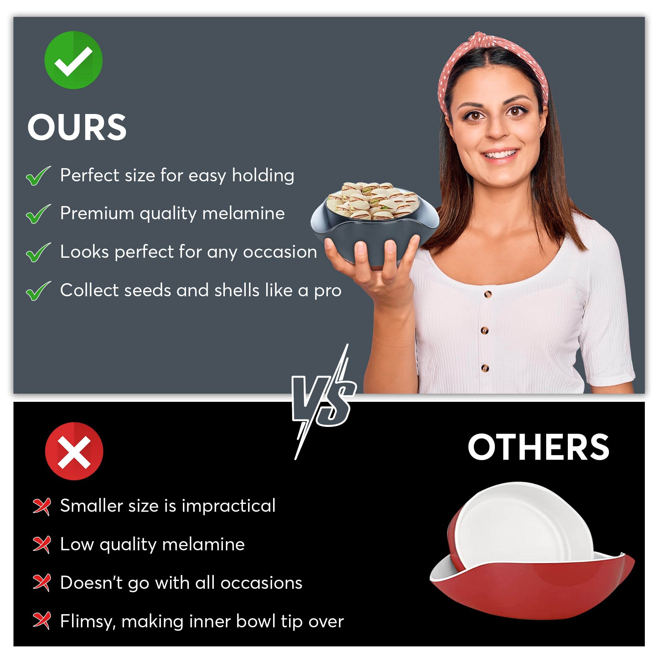 Premium Pistachio Bowl - Double Dish Nut & Snack Serving Bowl with Shell Storage - Perfect for Pistachios, Peanuts, Popcorn, Fruits & Candy - Ideal for Parties, Movie Nights & Family Snack Time - Black & White Design