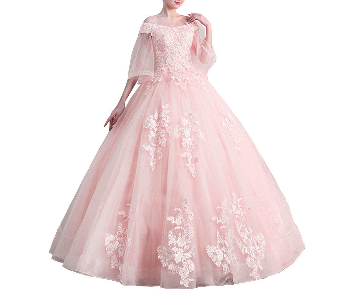 Emmani Women's Off Shoulder Lace Applique Wedding Dress - A-Line Long Formal Prom Evening Gown in Blush Pink | Perfect for Bridal, Quinceañera, and Red Carpet Events