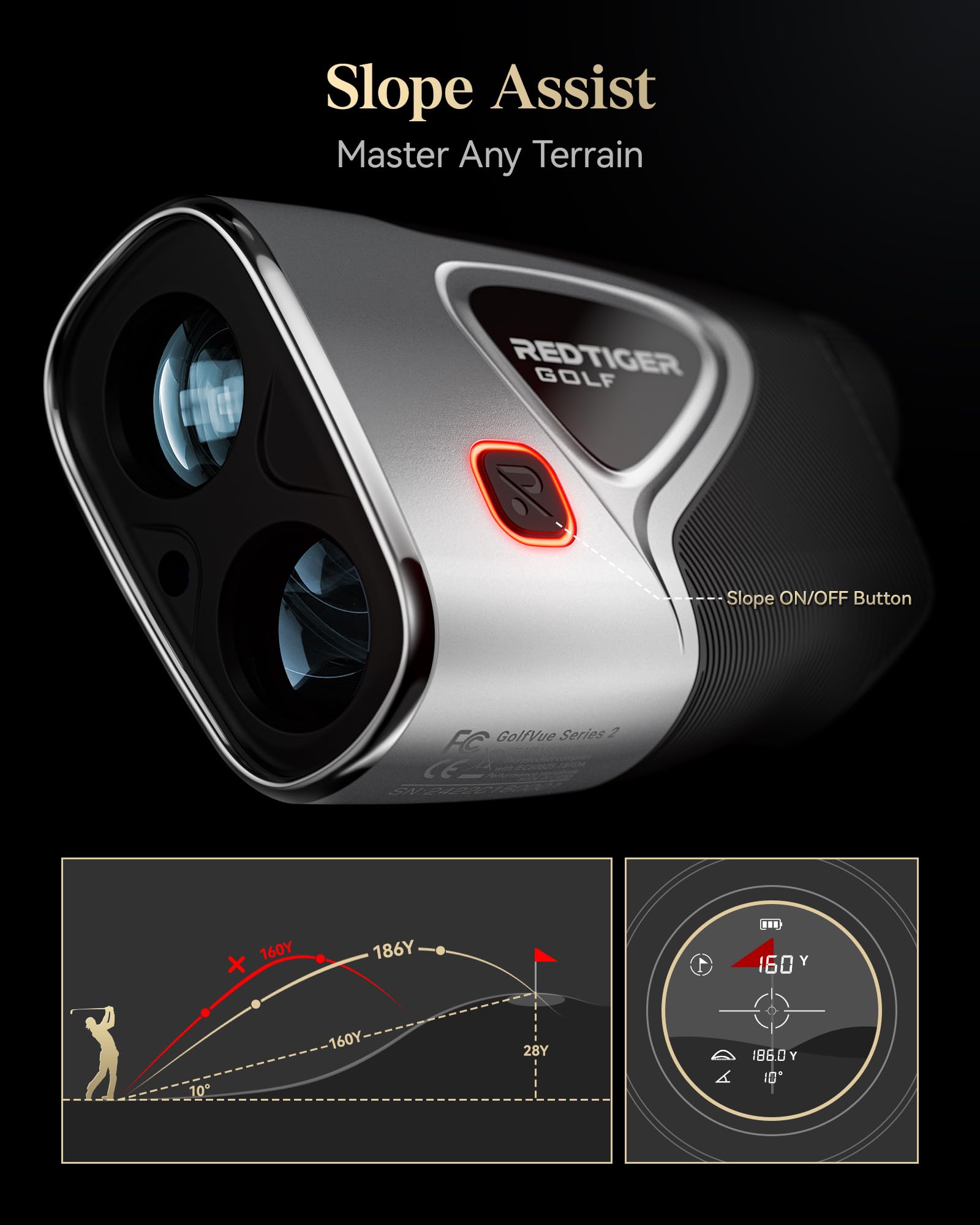 REDTIGER Golf Rangefinder 1200 Yards with Slope, Flag Lock & Vibration - 7X Magnification Laser Range Finder with Light-Adaptive Display, Rechargeable Battery & Magnetic Mount - GolfVue Series 2 for Golfers & Hunting Enthusiasts
