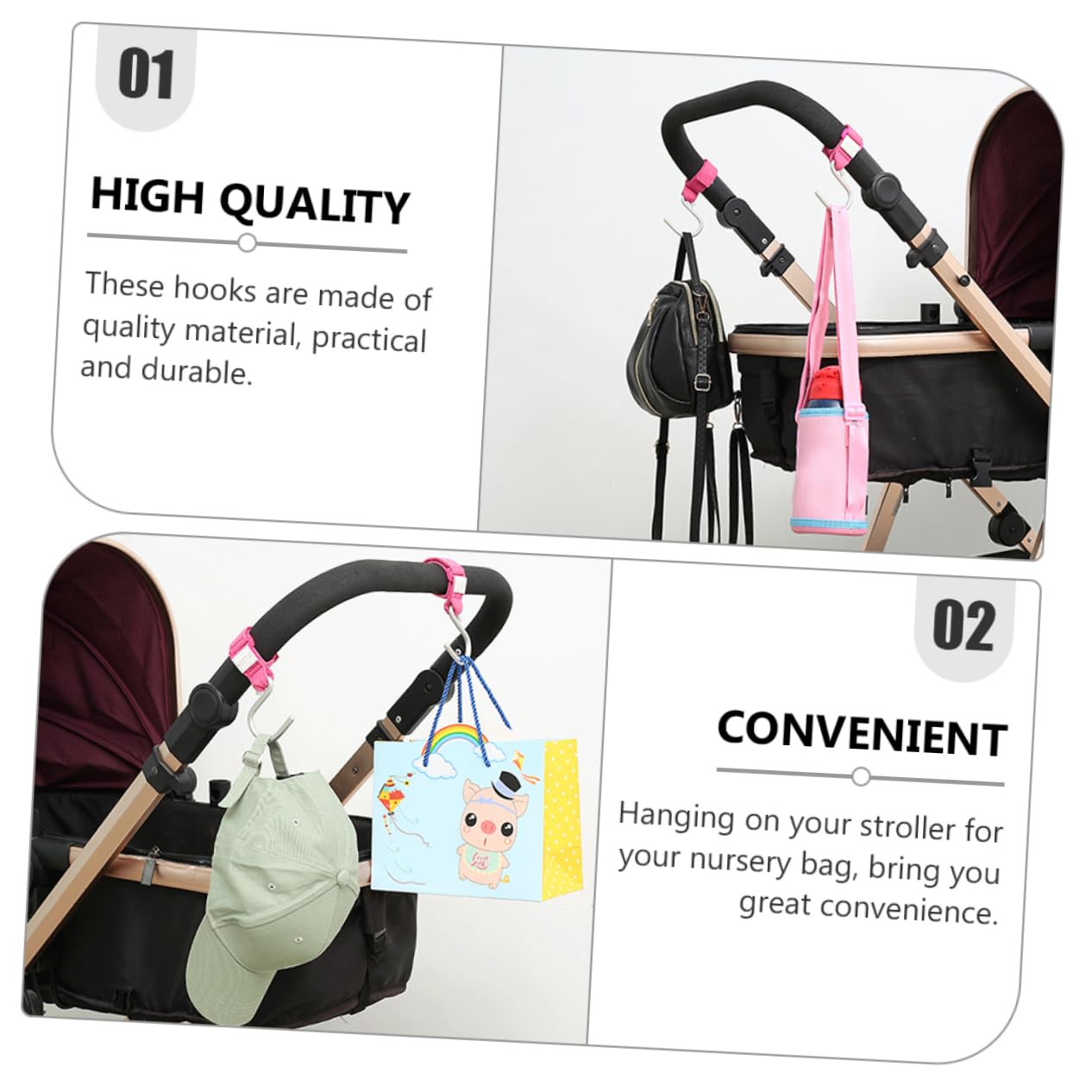 VICASKY 3-Pack Universal Car Hooks for Strollers, Backpacks, Purses & Prams - Heavy Duty Polyester Bag Clips & Clothes Hangers (Rose Gold) - Perfect for Road Trips, Shopping & Baby Gear Organization