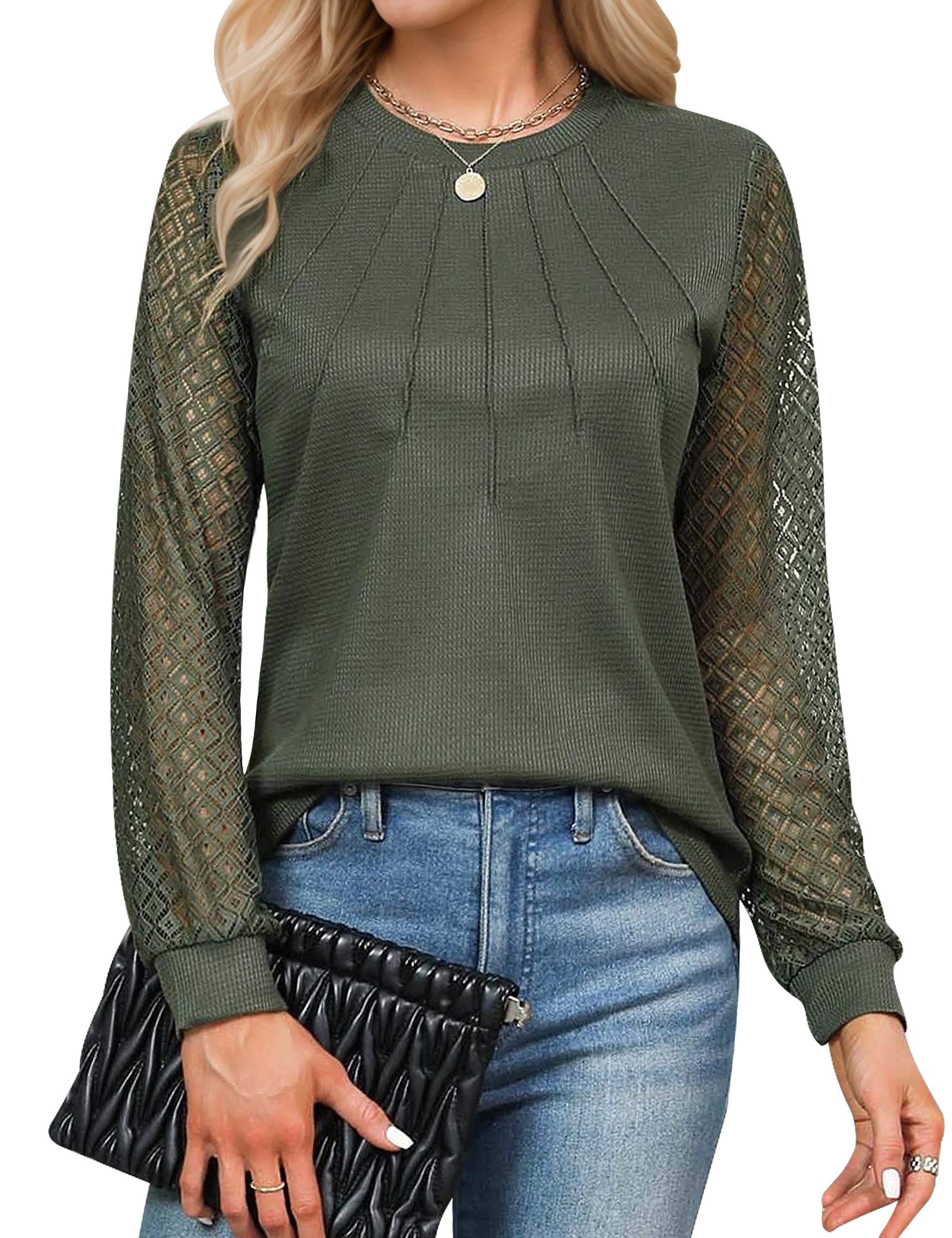 Elegant Waffle Knit Lace Long Sleeve Pleated Blouse for Women - Business Casual Office Wear & Fall Outfit | Perfect for Work, Dates, and Special Occasions