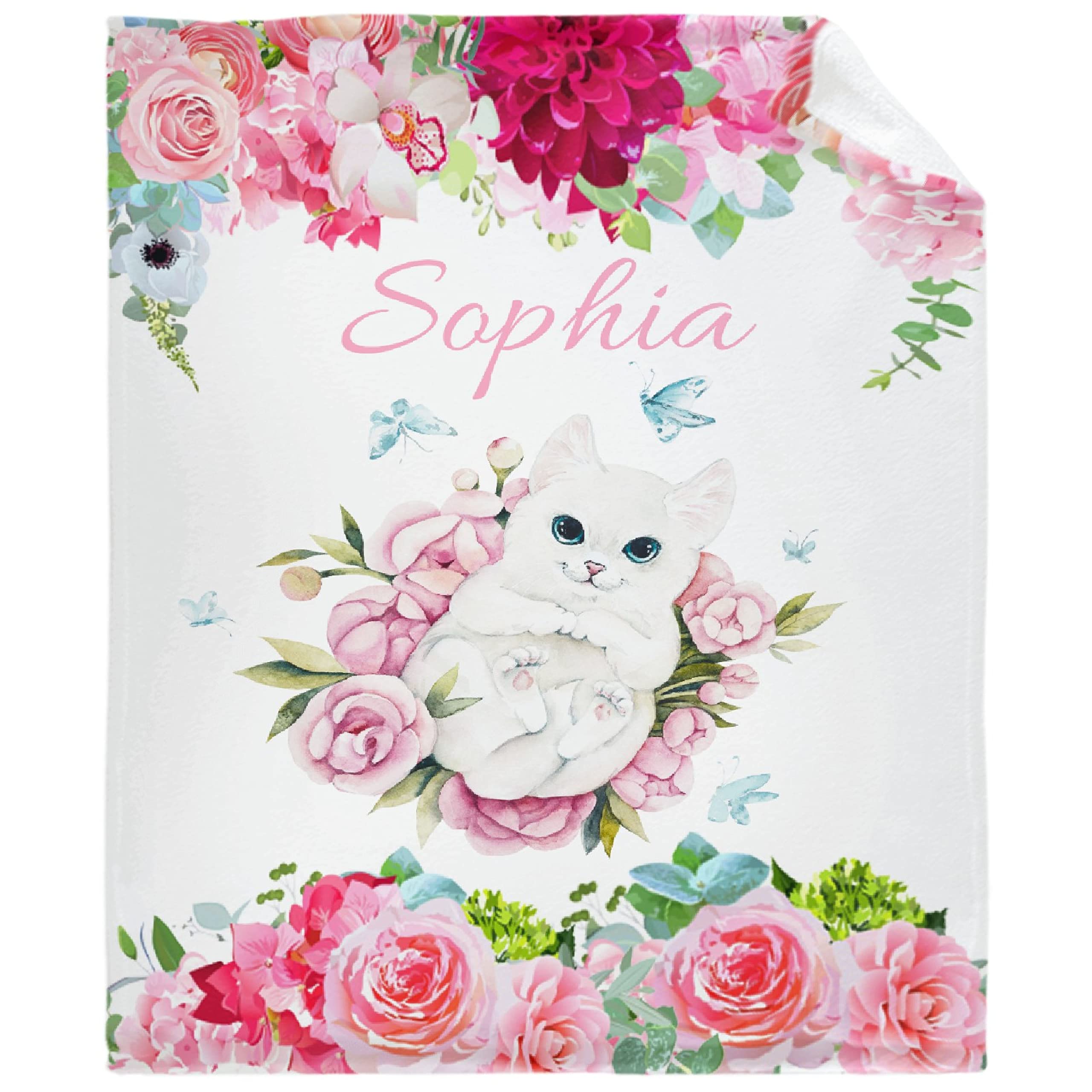 Personalized Baby Blanket with Name - Custom Fleece Throw for Newborn Girls & Boys - Soft Cozy Cat & Floral Design - XL Bed Blanket for Nursery, Crib & Family Gifts - Perfect for Baby Showers, Birthdays & Keepsakes