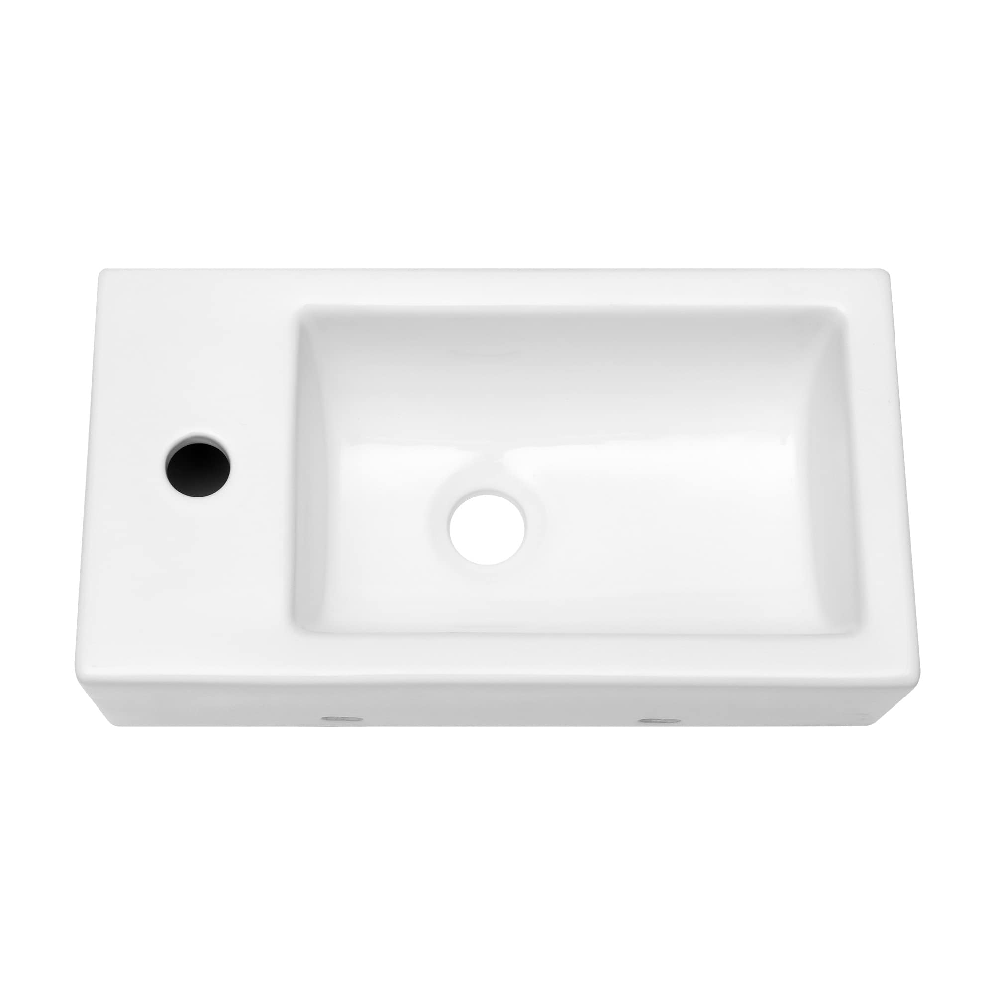 Funmier 18x10 Inch White Ceramic Wall Mount Floating Vessel Sink - Rectangle Bathroom Corner Sink with Right-Hand Drain - Perfect for Small Bathrooms, Powder Rooms & Modern Vanity Installations