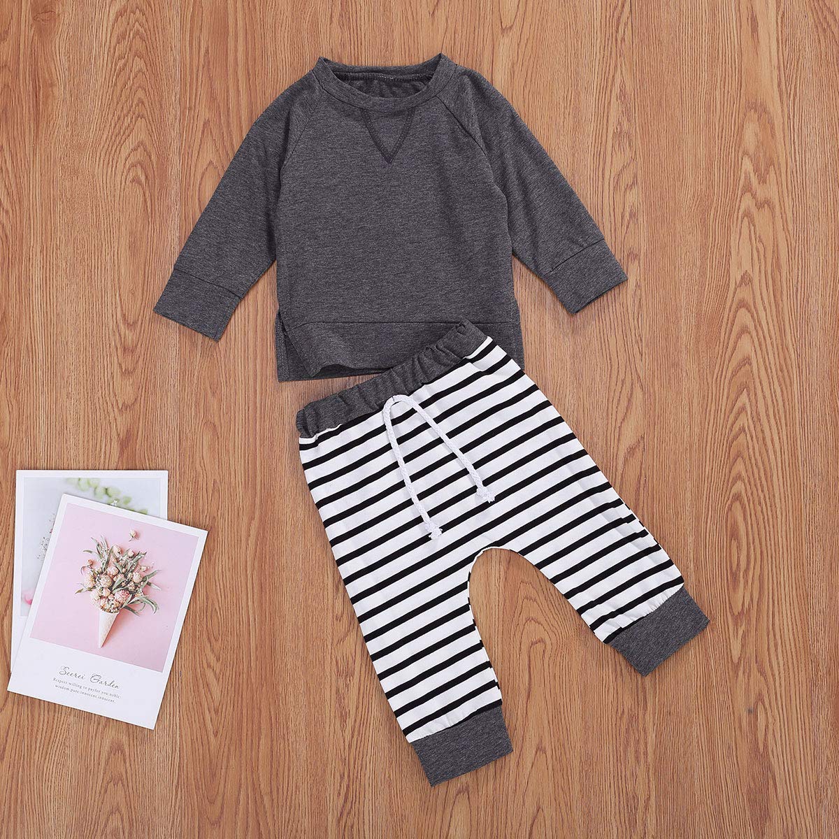 Newborn Baby Clothes Set - 2Pcs Long Sleeve Pullover & Striped Pants for Boys & Girls (6-12 Months, Grey) | Soft Cotton Fall Outfits for Infant Daily Wear & Photo Shoots