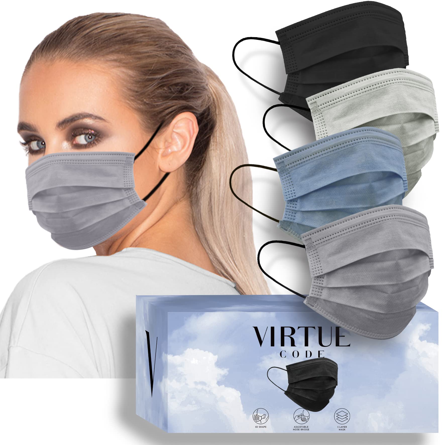 VIRTUE CODE Disposable Face Masks - 3-Ply Breathable Protective Masks for Daily Use, Travel & Work - 50 Pack (Black) | Comfortable & Lightweight for All-Day Wear