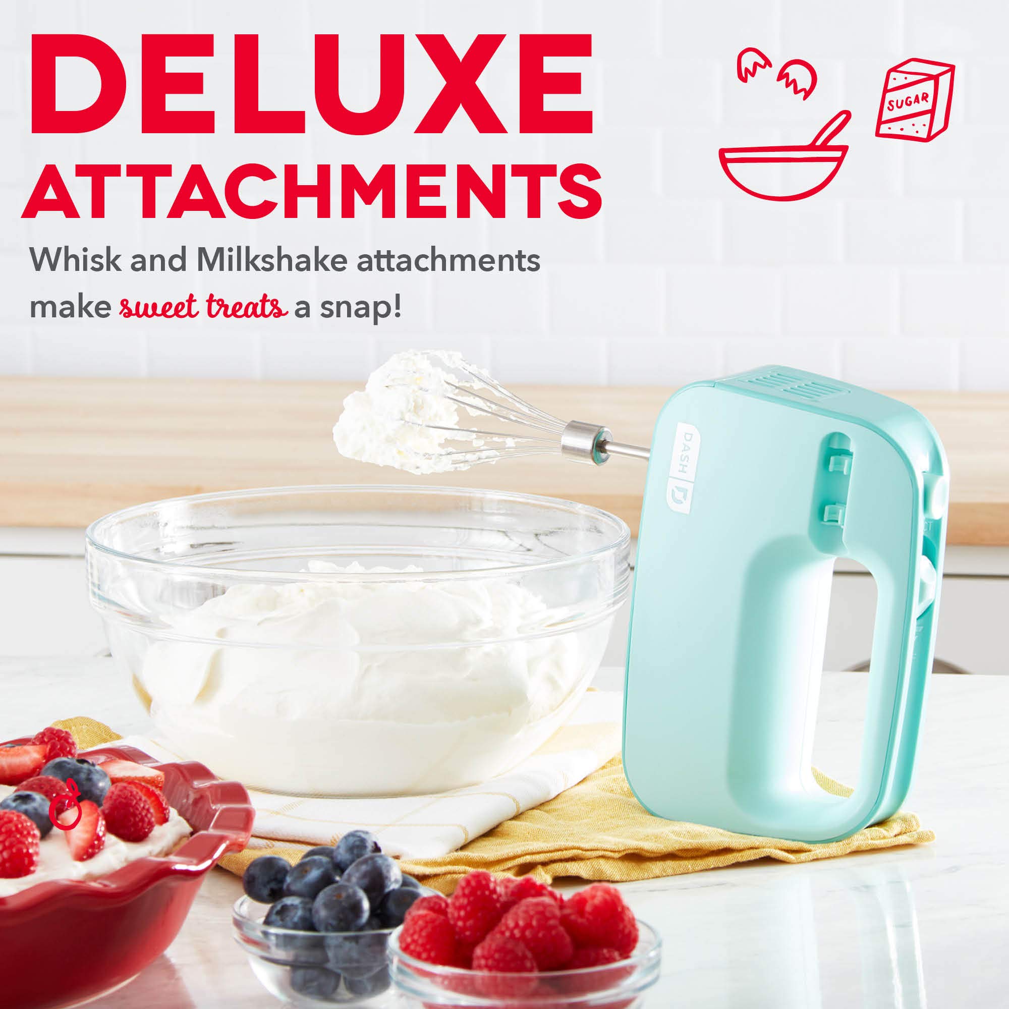 Dash SmartStore™ Deluxe Compact Electric Hand Mixer with Whisk & Milkshake Attachments - 3 Speed, 150W, Aqua - Perfect for Baking Cookies, Cakes, Brownies, Dough & More - Ideal for Home Kitchen, Baking Enthusiasts & Small Batch Cooking