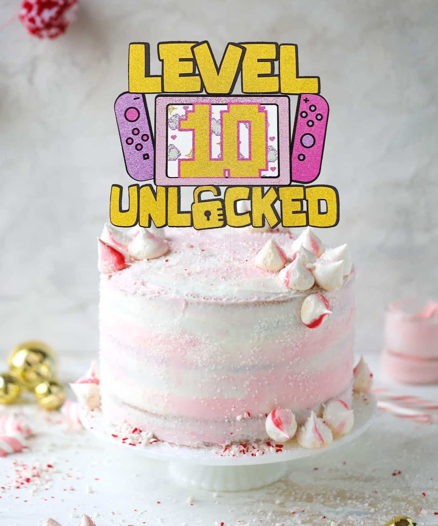 Level 10 Unlocked Glitter Cake Topper for Girls - Video Game Themed 10th Birthday Party Decoration - Perfect for Girl Gamer Celebrations, Gaming Parties & Cake Decorations