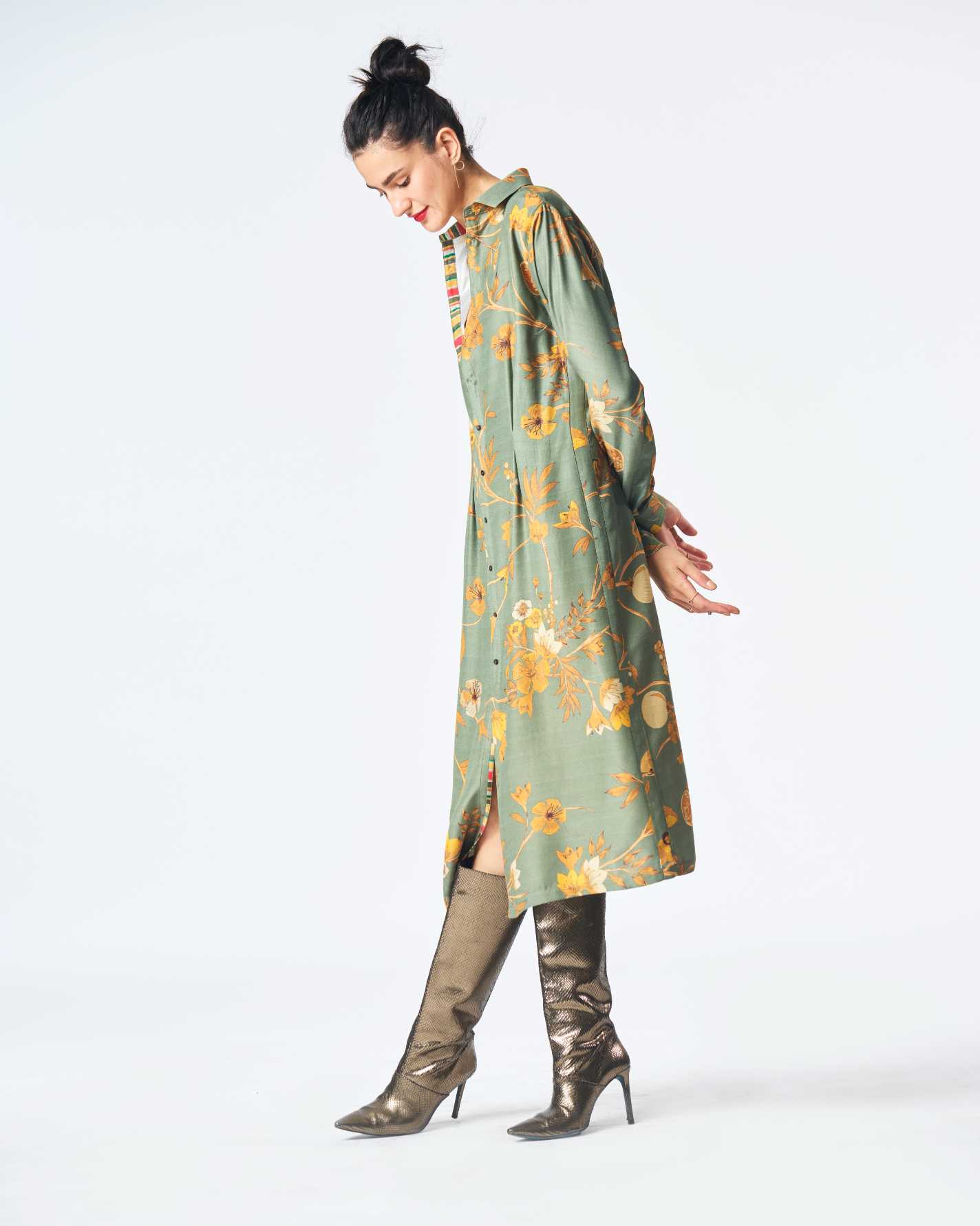 Elegant Pleated Muga Satin Dress in Sage Green - Perfect for Weddings, Parties & Special Occasions