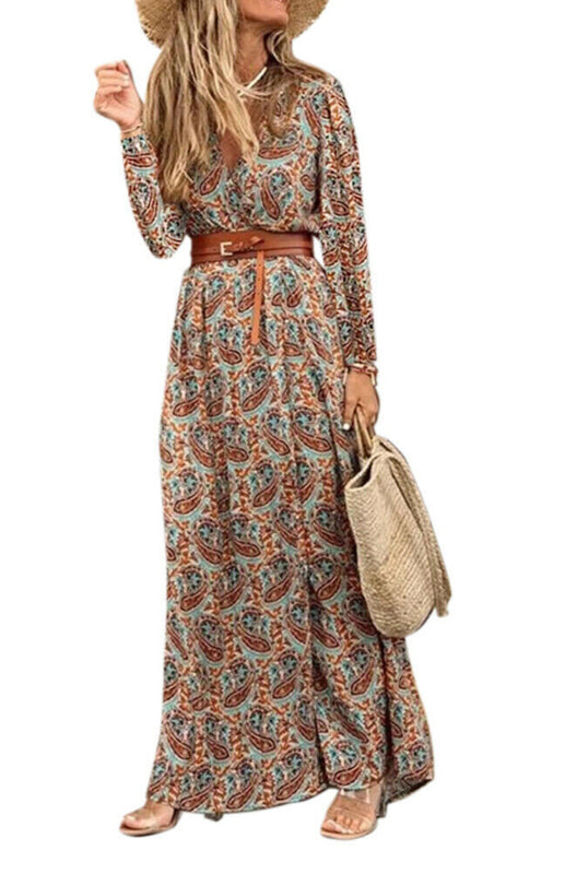 Elegant Printed Belted Long Dress for Women - Flowy Maxi Dress for Casual Outings, Beach Vacations & Special Occasions