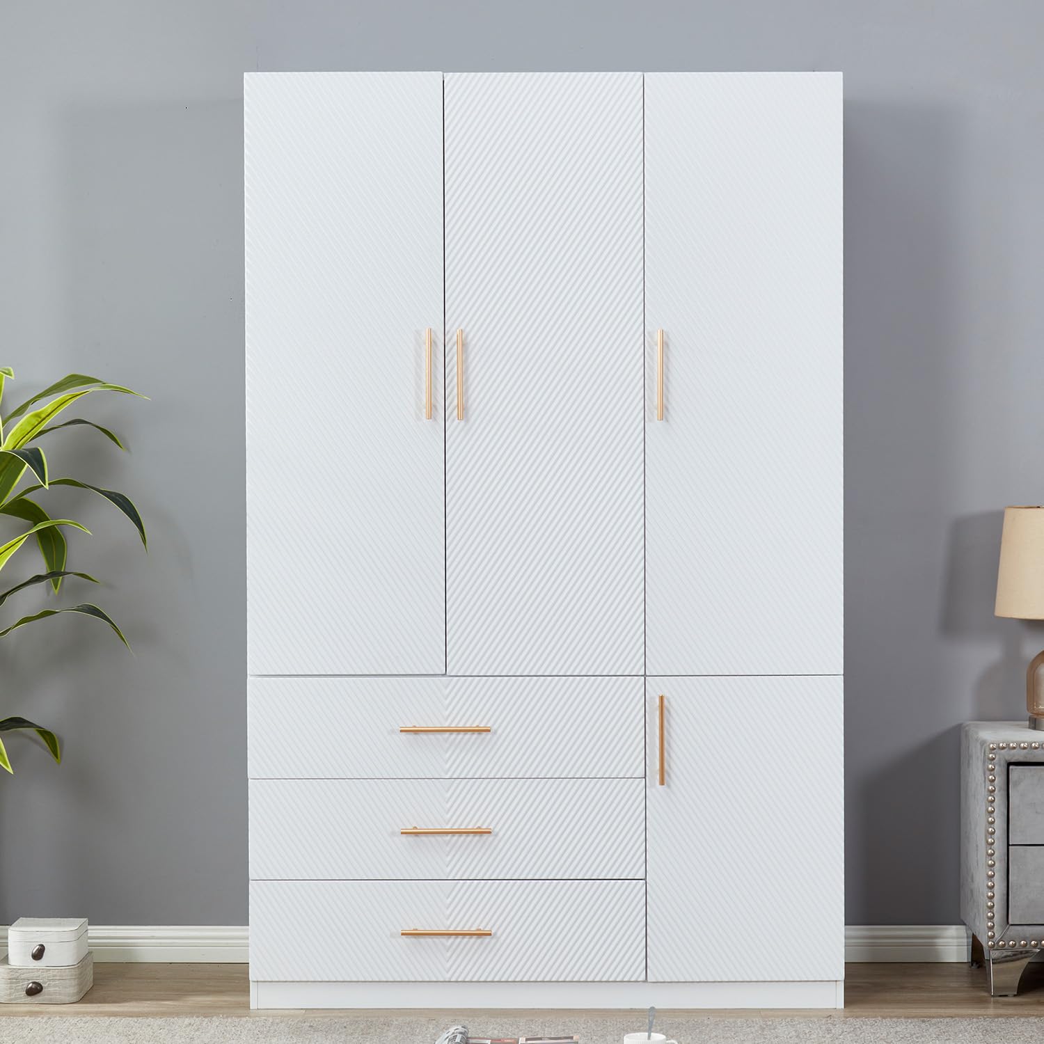 White Armoire Wardrobe Closet Cabinet - 3 Doors & 3 Drawers with Hanging Rod, Large Storage (47.3