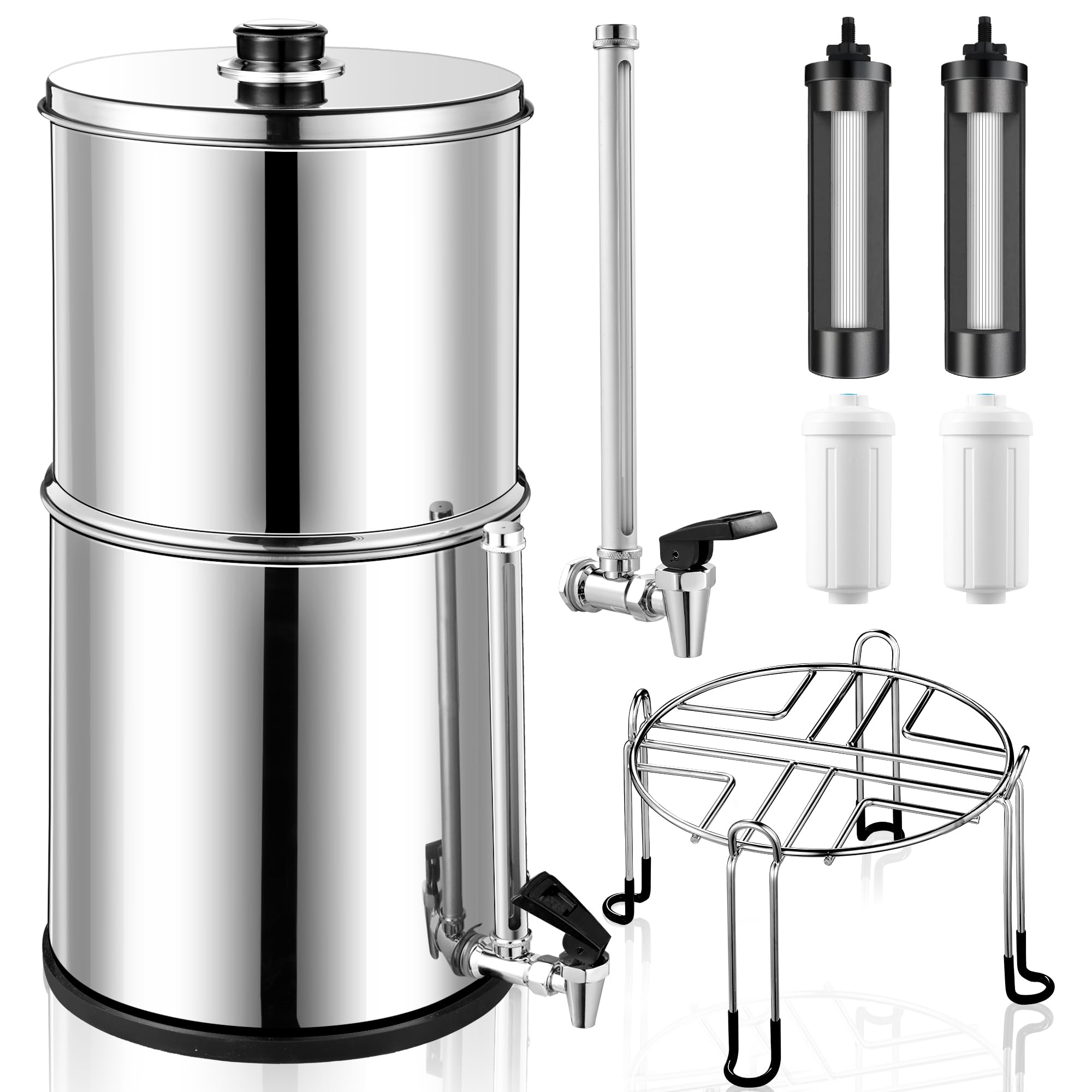 0.01μm Ultra-Filtration Gravity-Fed Water Filter System - 2.25G Stainless Steel with 2 Black Filters & Chlorine Filters - Reduces 99% Chlorine - Perfect for Home, Camping & Emergency Preparedness