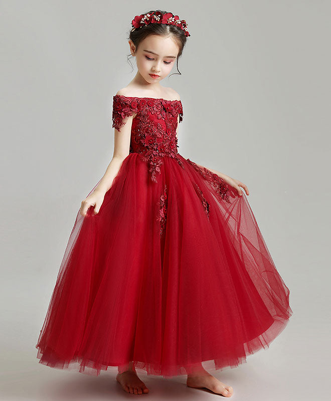Elegant Burgundy Tulle Lace Flower Girl Dress for Weddings & Special Occasions - Perfect for Bridal Parties, Pageants & Formal Events