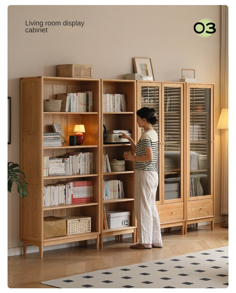 Oak Solid Wood Modern Glass Door Bookcase - Stylish Bookshelf for Living Room, Office & Library - Perfect for Home Decor & Book Storage