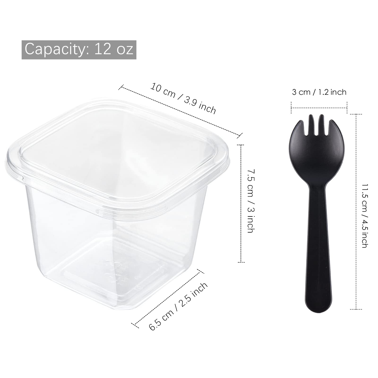 TOFLEN 50-Pack 12 oz Clear Square Plastic Dessert Cups with Lids & Sporks - Reusable Parfait, Yogurt, Pudding, Mousse, Fruit & Cake Containers for Parties, Catering & Home Baking