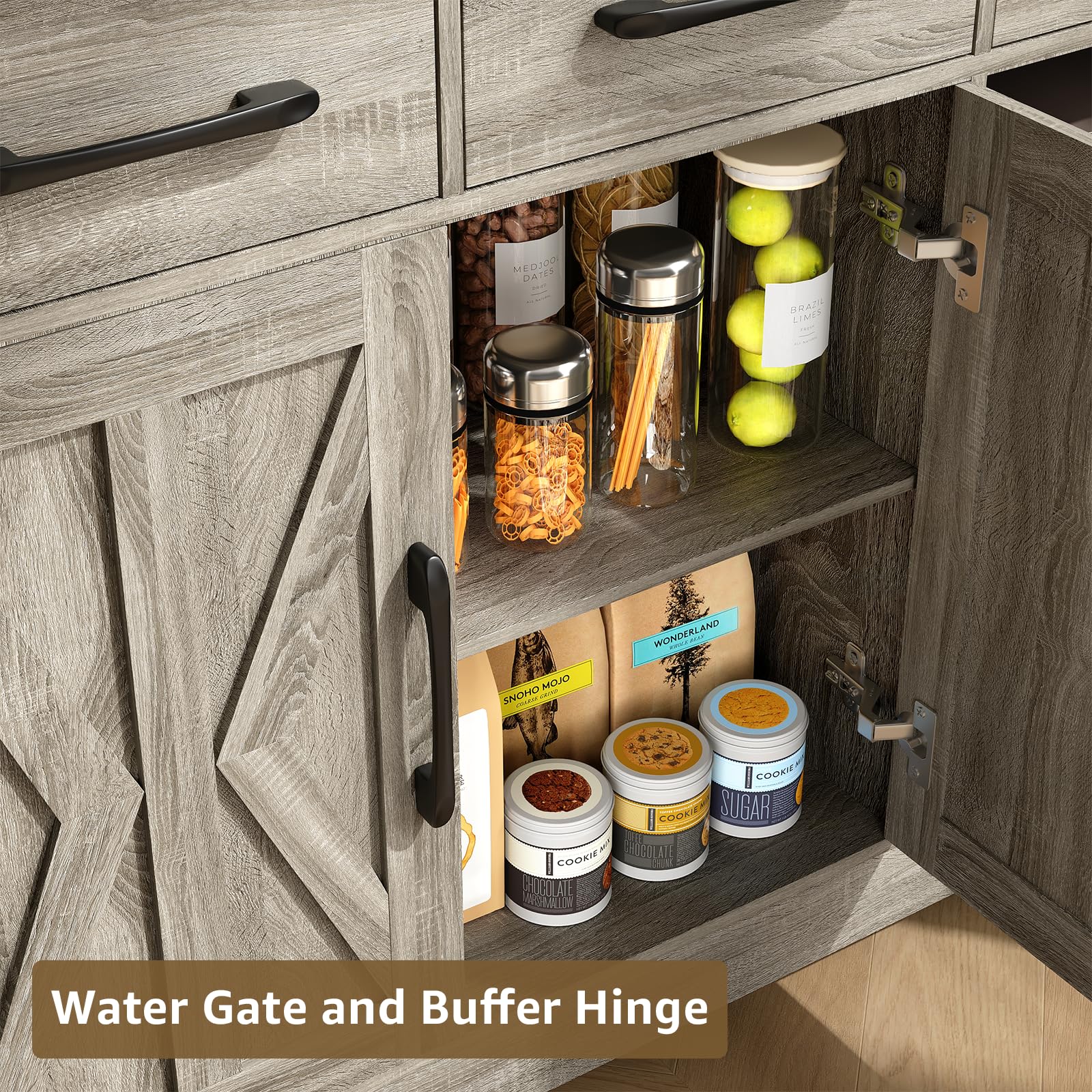 Farmhouse Sideboard Buffet Cabinet with Drawers & Shelves - Solid Wood Coffee Bar with 3 Barn Doors for Dining Room, Kitchen, Hallway & Living Room - Gray - Perfect for Rustic Home Decor, Kitchen Storage & Entertaining Guests