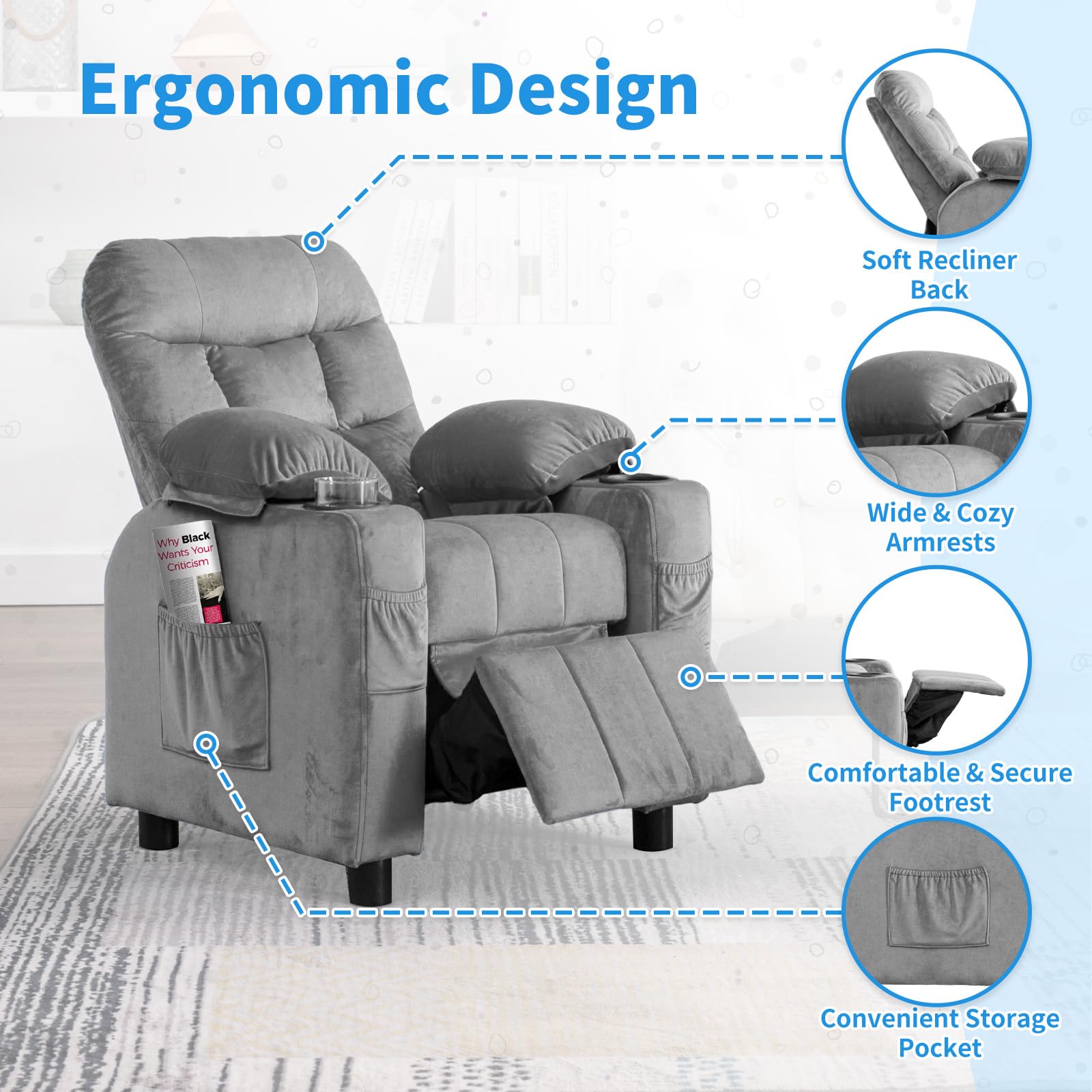 Kids Recliner Chair with Cup Holder - Adjustable Toddler Lounge Chair with Footrest & Side Pockets - Soft Velvet Baby Sofa for Boys & Girls Bedroom (Gray) - Perfect for Reading, Watching TV & Relaxing in Nursery or Playroom