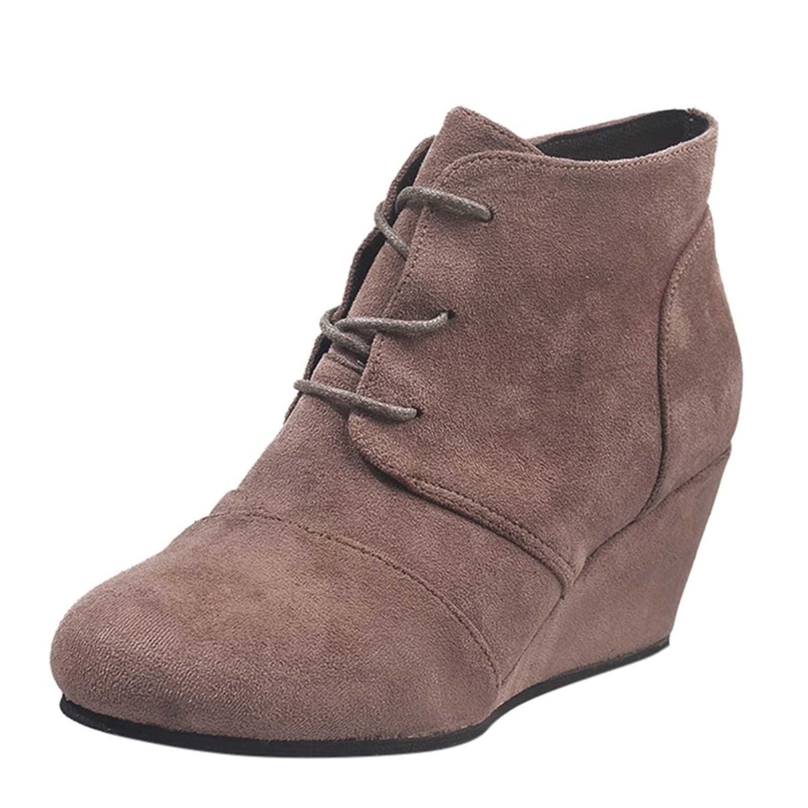 Retro Round Toe Lace-Up Women's Wedge Booties - Warm Solid Color Winter Boots for Casual Outfits & Office Wear