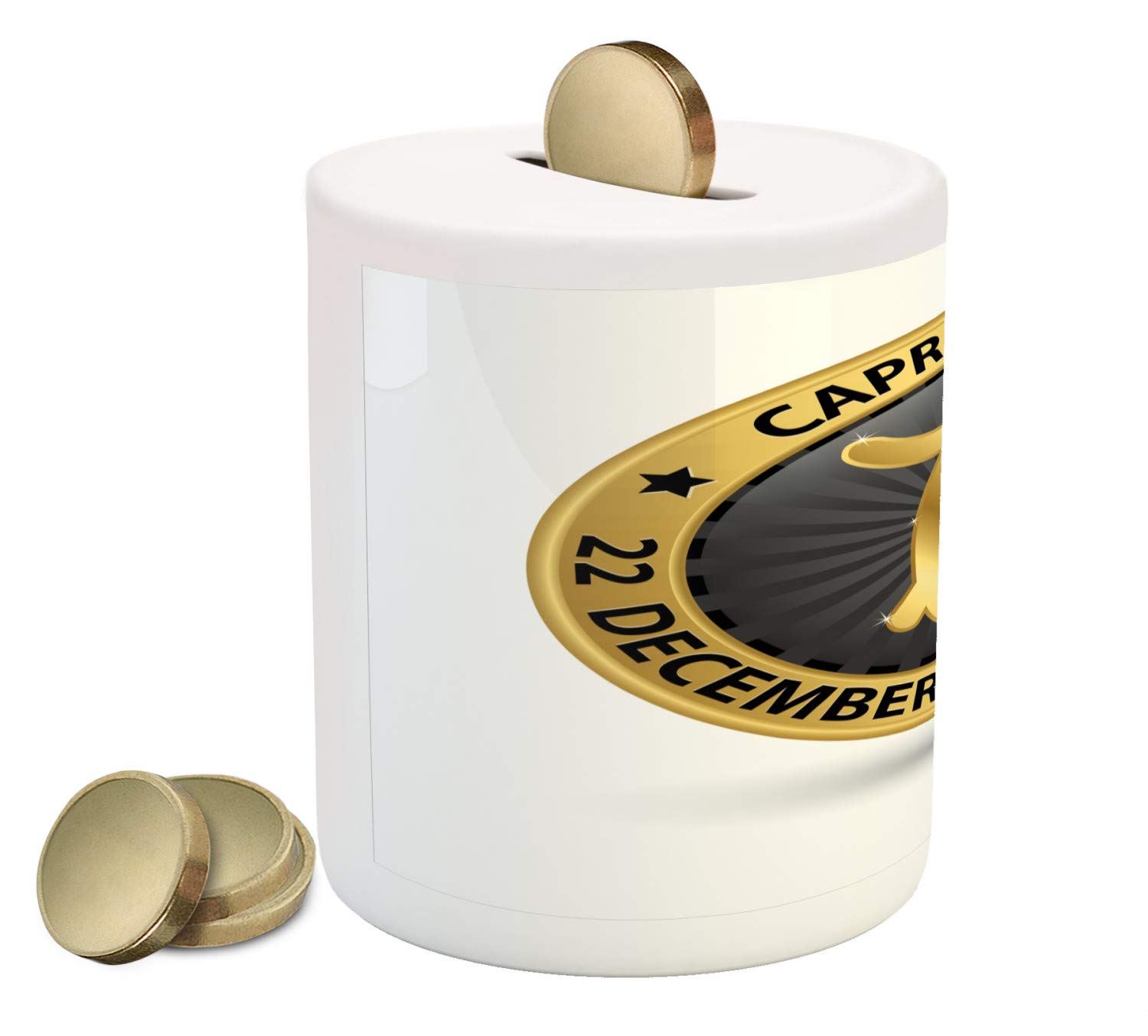 Ambesonne Zodiac Capricorn Ceramic Piggy Bank - Abstract Horoscope Design with Stars, Money Box for Cash Saving in Pale Coffee & Black | Perfect Gift for Astrology Lovers & Coin Collectors