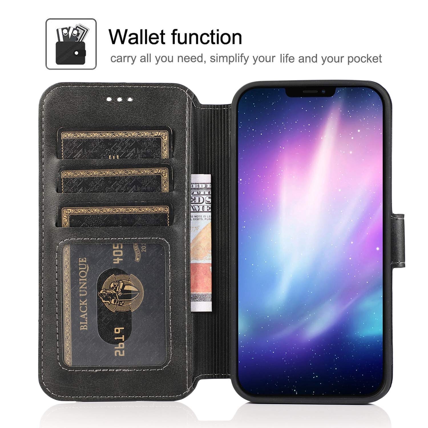 Premium PU Leather iPhone 12 Pro Max Case with Card Slots & Kickstand - Magnetic Closure Shockproof Flip Cover for iPhone 12 Pro Max (6.7 inch) - Black | Wallet Phone Case for Daily Use, Travel & Business Meetings