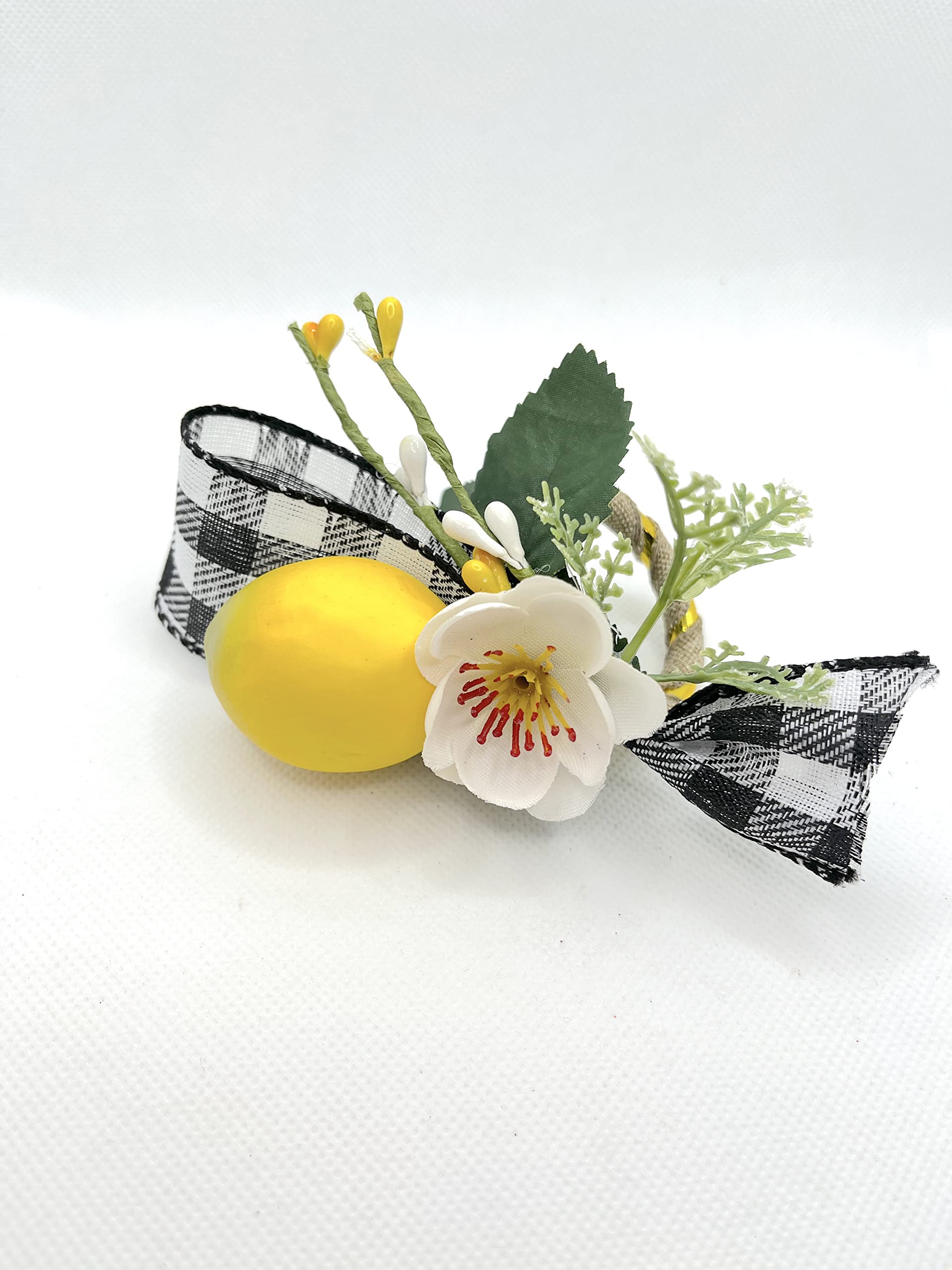 Lemon & Buffalo Plaid Napkin Rings Set of 6 - Vine Leaf Napkin Holders for Wedding, Birthday Party, Spring & Summer Dinner Decor - Rustic Farmhouse Table Setting Accessories for Home Dining Room Decorations