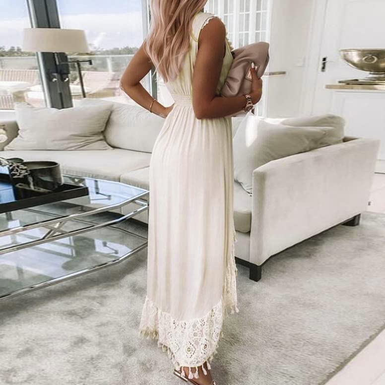 Sexy V-Neck Sleeveless Summer Maxi Dress for Women - Flowy Tassel Lace Wedding Guest Dress, Ankle-Length Casual Beach Dress for Parties, Vacations & Date Nights