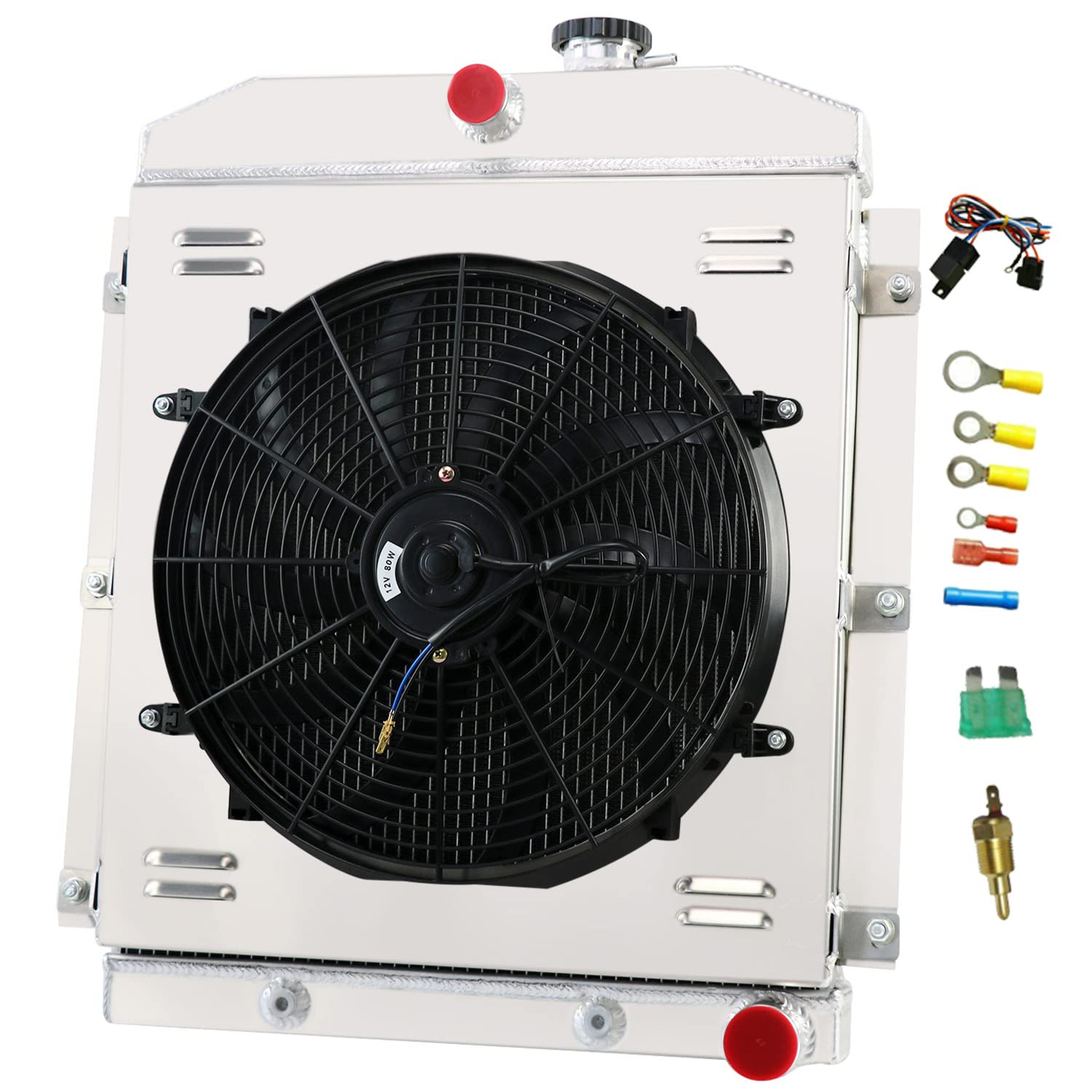 High-Performance Aluminum Radiator for 1947-1954 Chevy Truck Fleetline Fleetmaster 3100 3600 3700 3800 3900 with L6 Engine - 4 Row Cooling System with Shroud & Fan Relay - Perfect for Restoration Projects & Hot Rod Upgrades