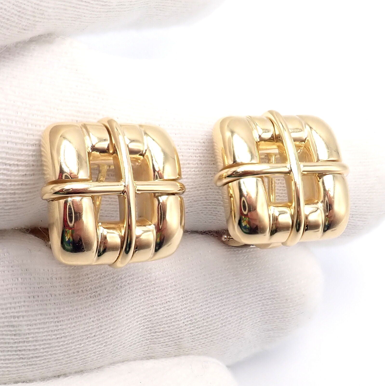 Vintage Tiffany & Co 18k Yellow Gold Square Window Biscayne Earrings - Authentic 2001 Collection | Luxury Jewelry for Women | Perfect for Weddings, Anniversaries & Special Occasions