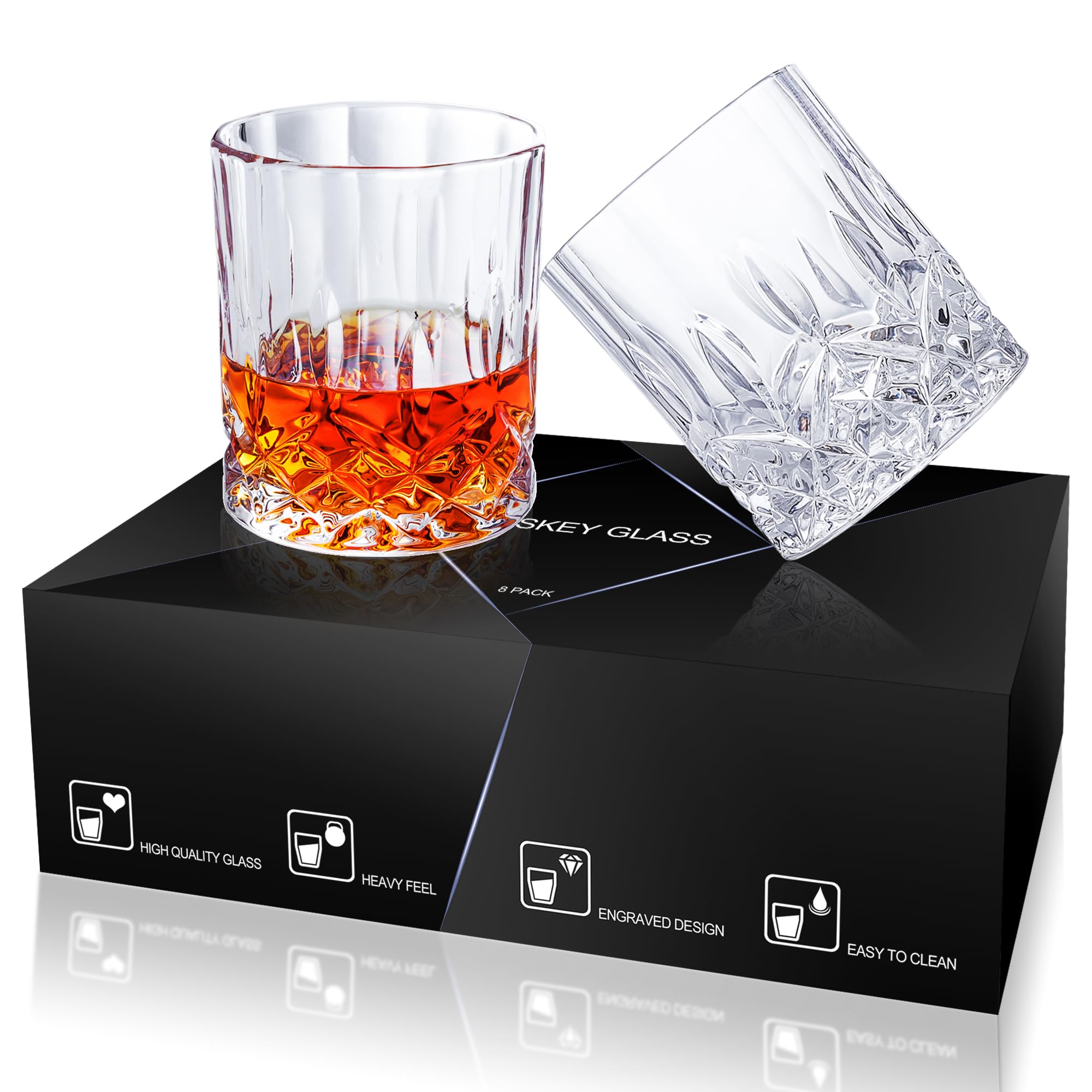 8-Piece Whiskey Glass Set - 11oz Old Fashioned Rocks Glasses for Bourbon, Scotch & Cocktails - Perfect Gift for Men
