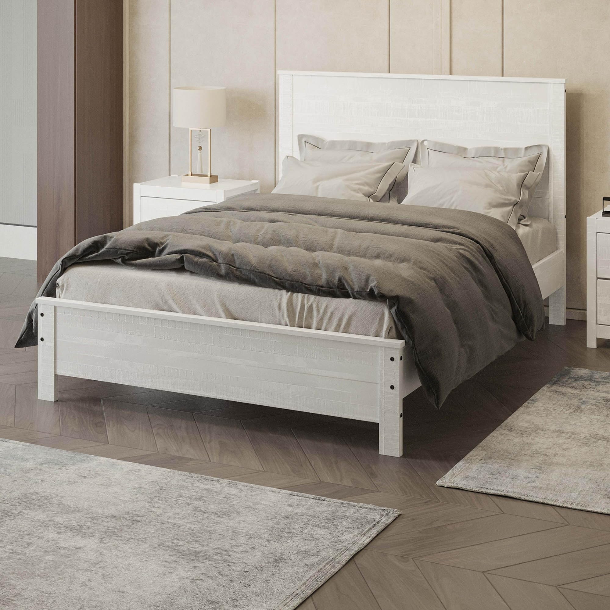 Solid Wood Queen Bed Frame with Rustic Headboard - No Box Spring Needed, White Finish | Perfect for Farmhouse, Cottage & Vintage Bedroom Decor