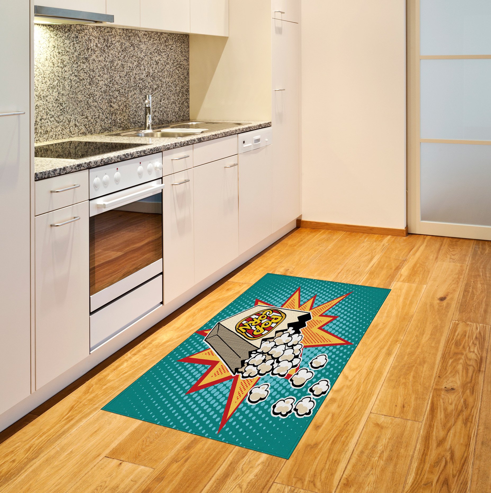 Ambesonne Retro Popcorn Design Movie Theater Area Rug - Halftone Background, Flat Woven Accent Rug for Living Room, Bedroom, Dining Room - 2.6' x 5' Teal Red - Perfect for Home Theater Decor & Cozy Movie Nights