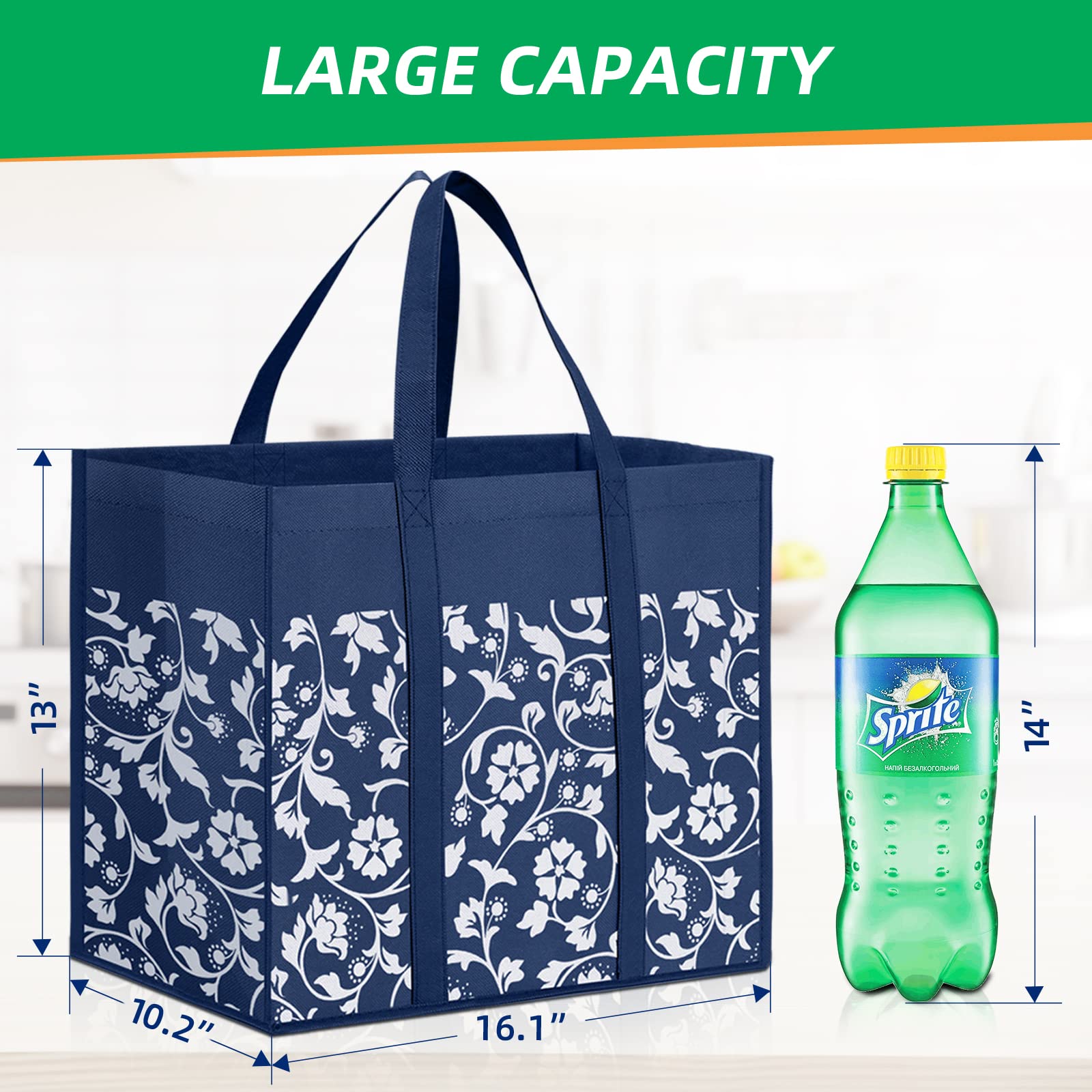 Eco-Friendly Reusable Grocery Bags - Heavy Duty Foldable Tote Bags with Reinforced Handles & Waterproof Coating (4-Pack, Blue) - Perfect for Shopping, Groceries, Picnics & Beach Trips