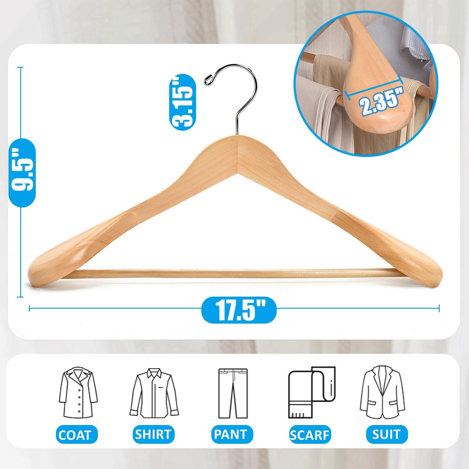 Premium 6-Pack Solid Wood Wide Shoulder Suit Hangers with Non-Slip Pants Bar - Natural Finish for Jackets, Sweaters & Heavy Clothes - Perfect for Closet Organization & Luxury Wardrobe Storage