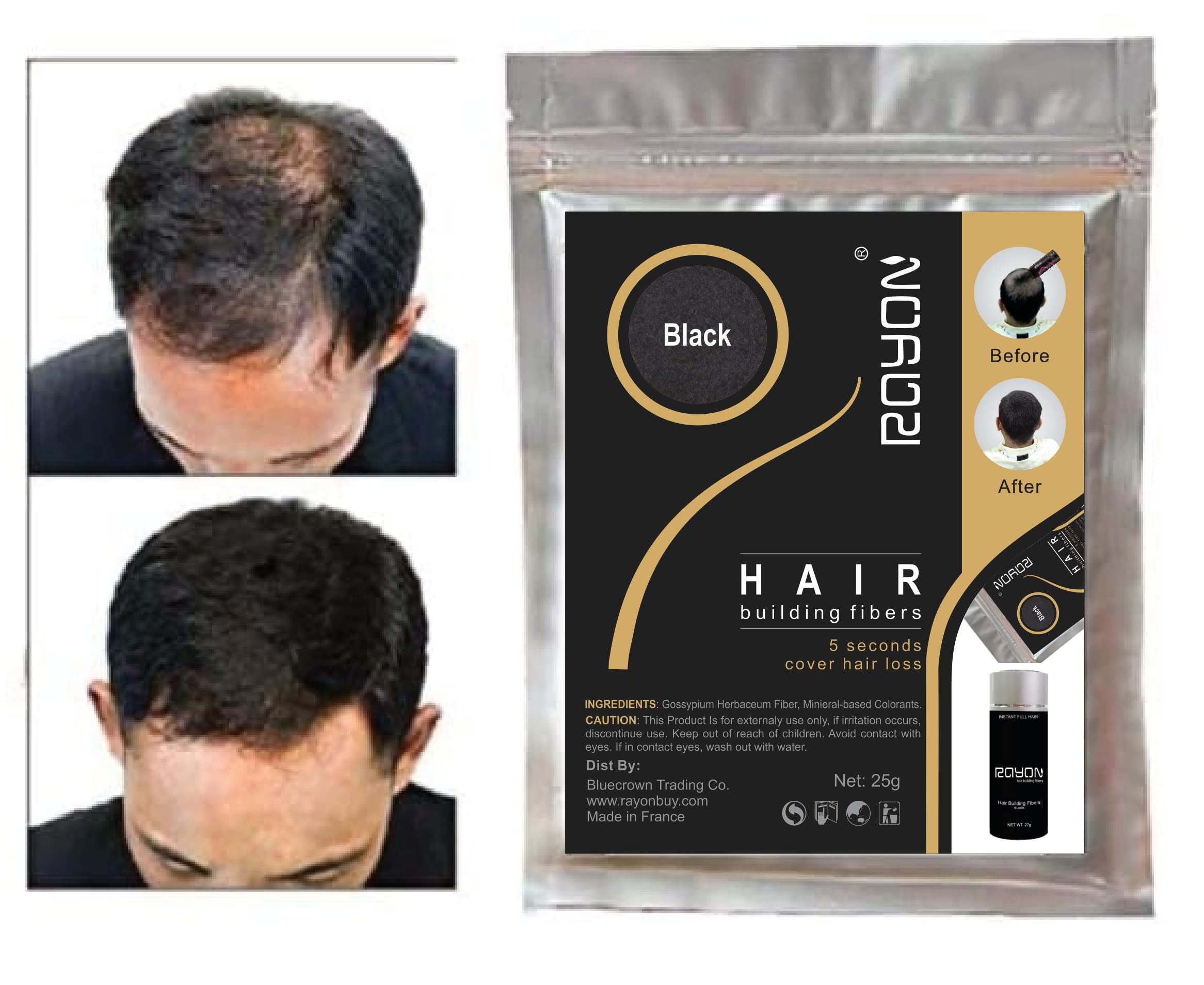 Rayon Hair Building Fiber Refill Pack for Caboki & Toppik Bottles - 25g Black | Instant Hair Thickening Solution for Thinning Hair & Bald Spots | Perfect for Daily Use & Special Occasions