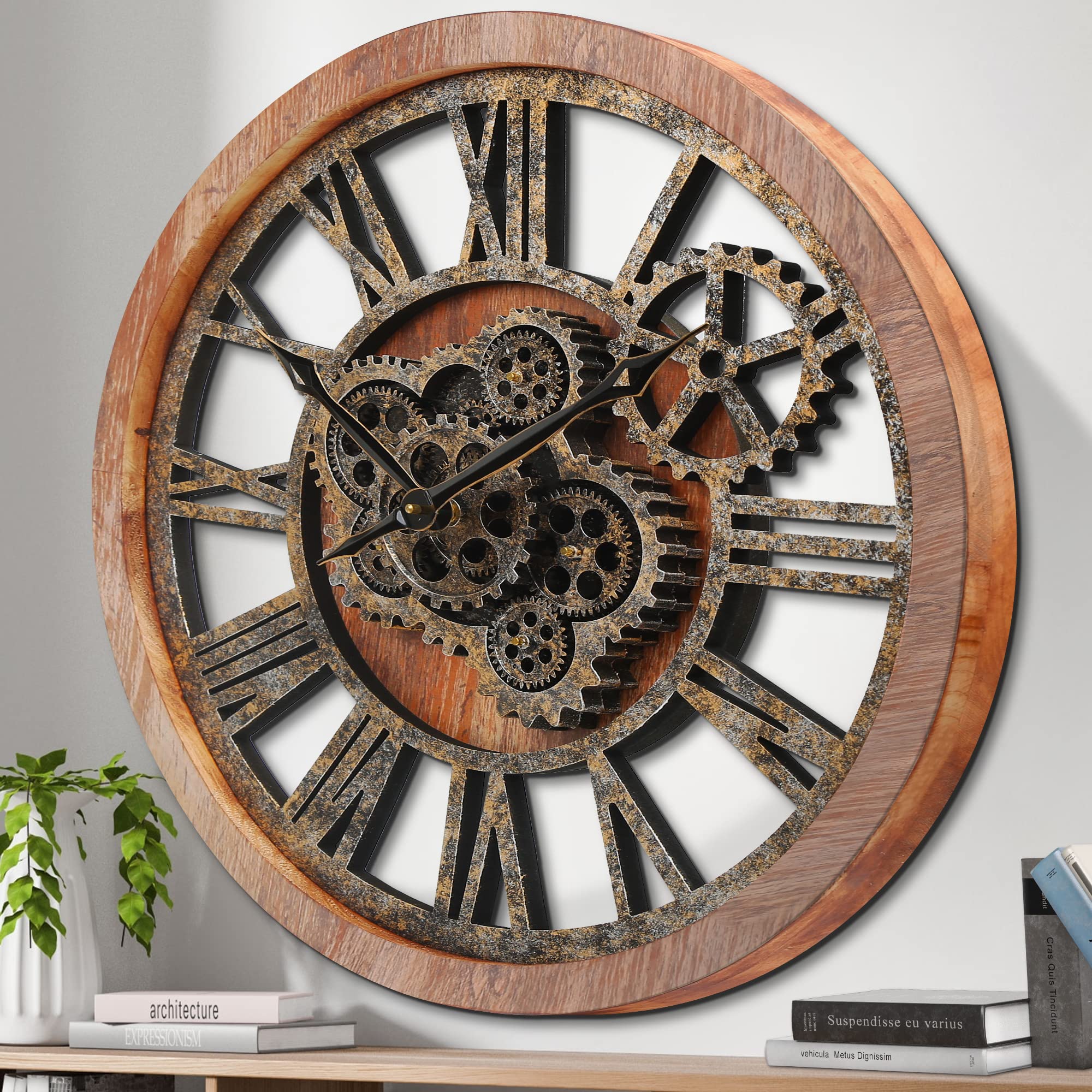 HOIBAI 20 Inch Large Wall Clock - Vintage Farmhouse Rustic Decor with Moving Gears for Living Room, Kitchen, Bedroom | Oversized Roman Numerals Clock for Home & Office Decor